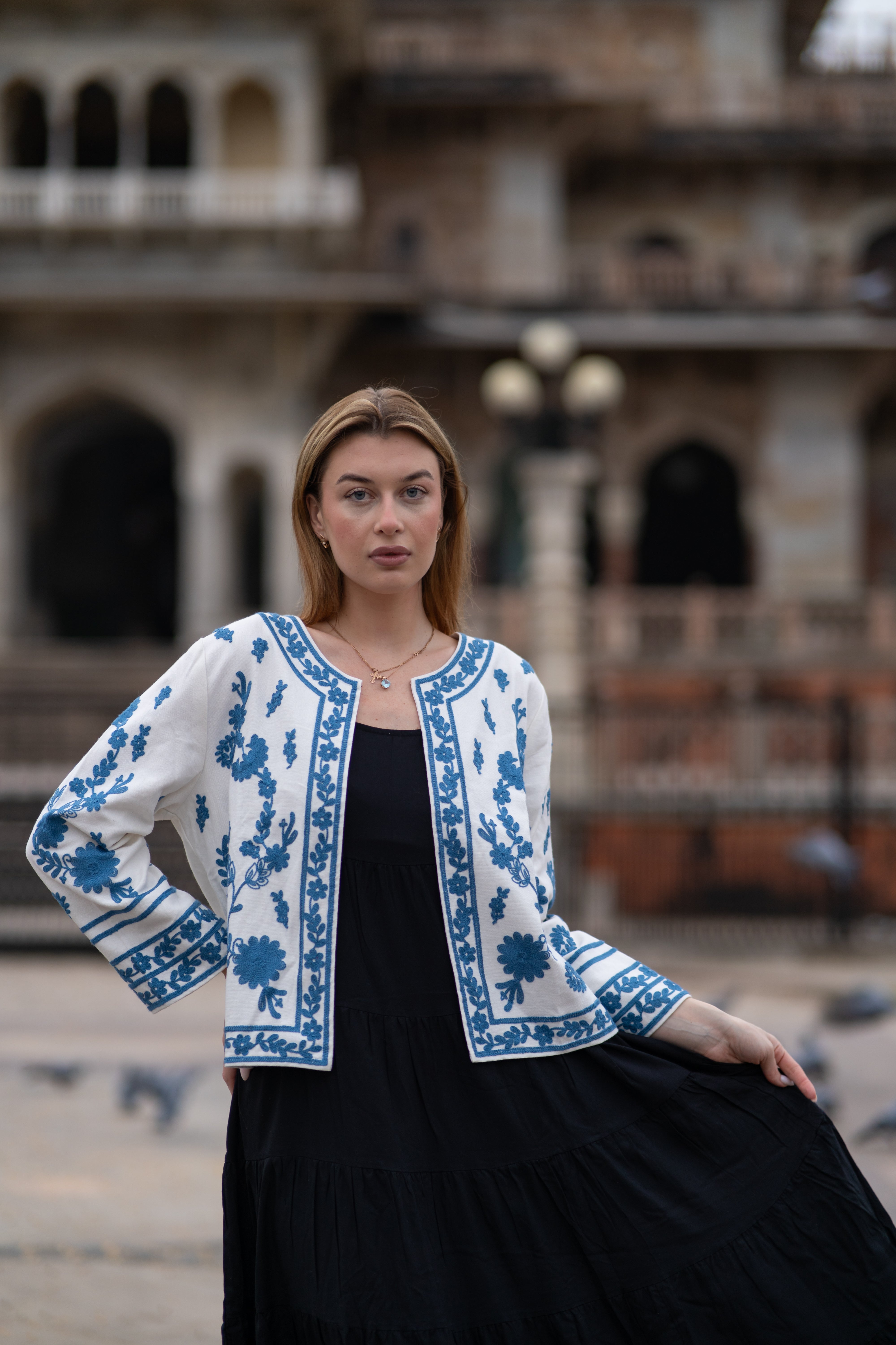 Boho Chic Handloom Jacket with Blue Embroidery