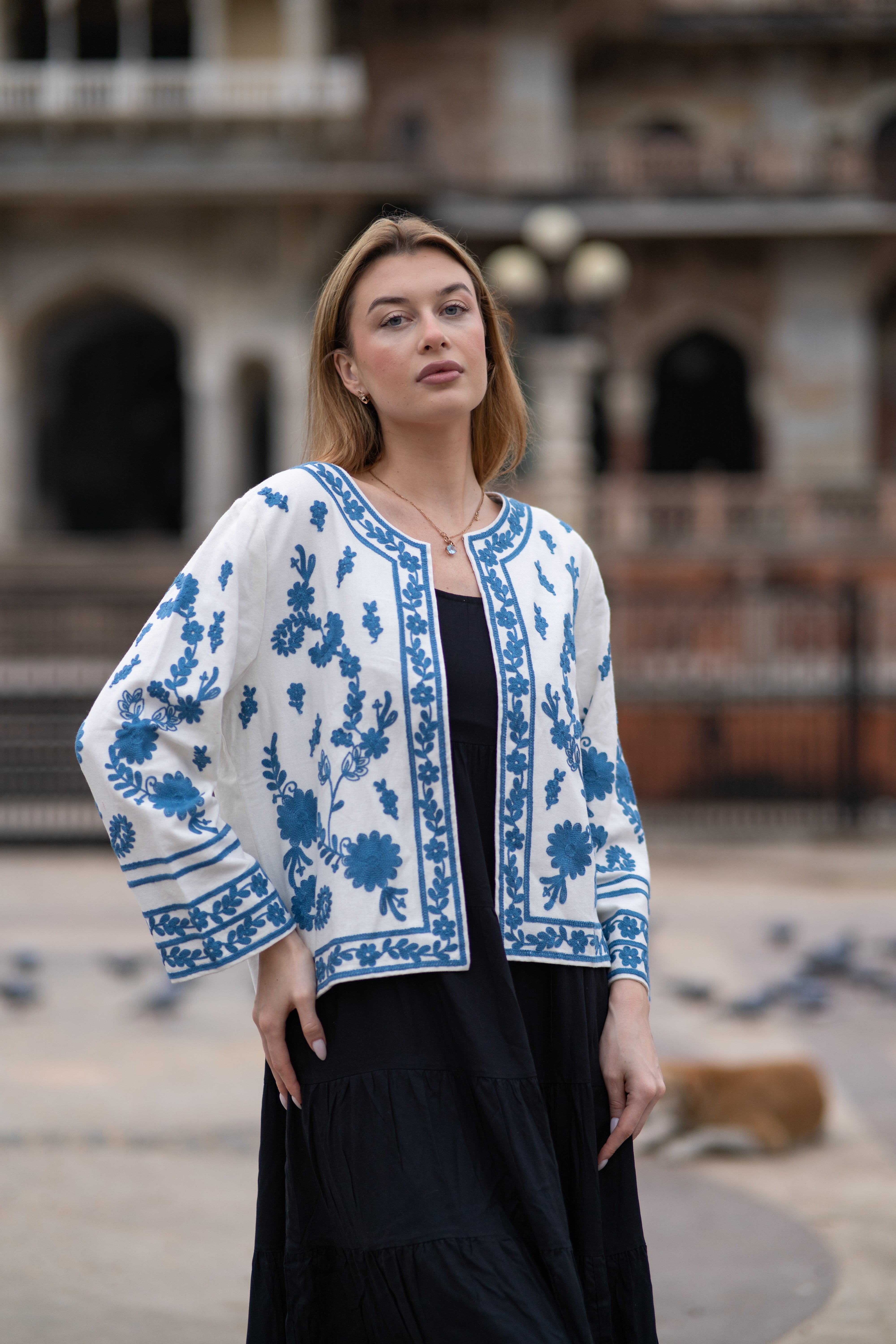 Boho Chic Handloom Jacket with Blue Embroidery