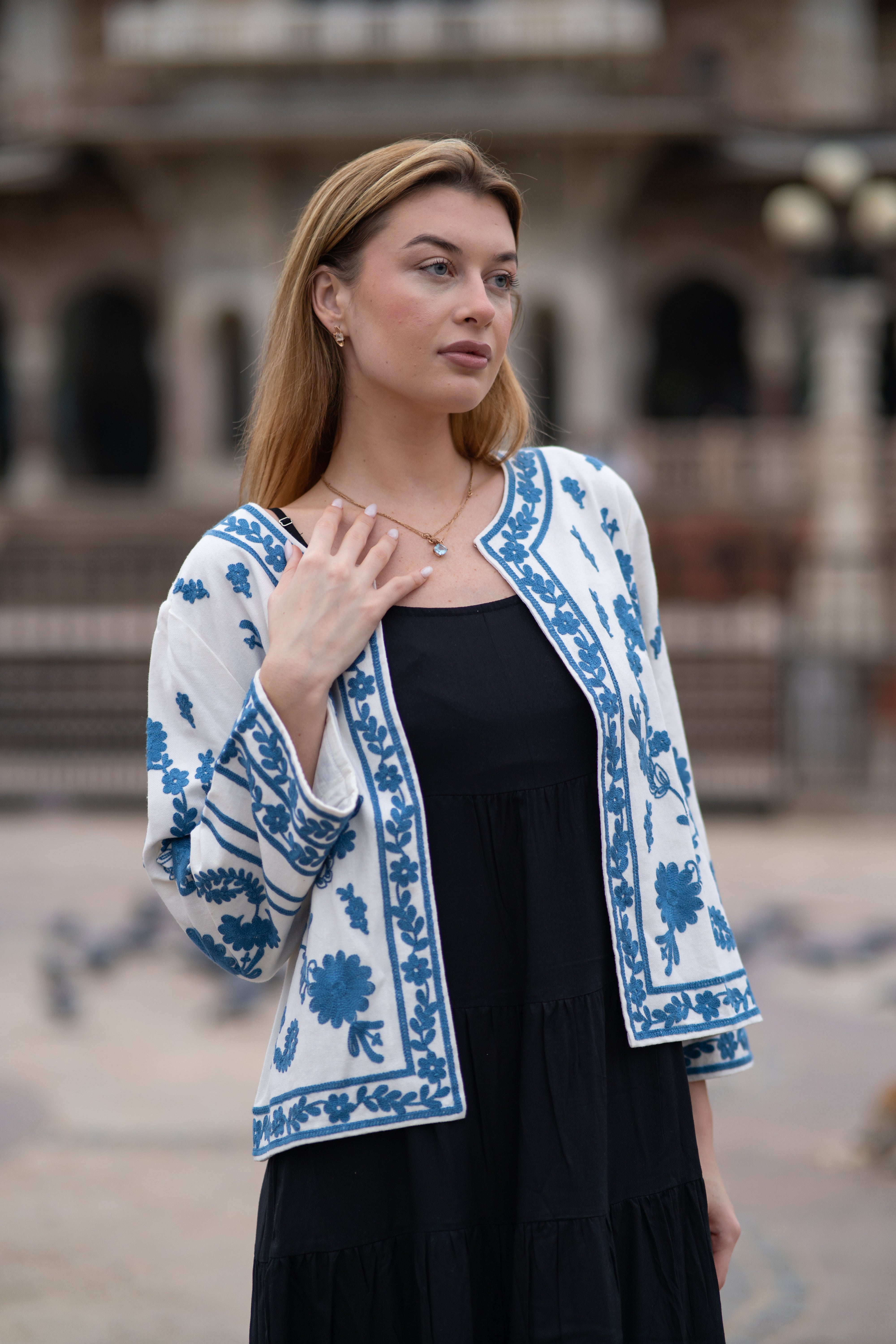 Boho Chic Handloom Jacket with Blue Embroidery