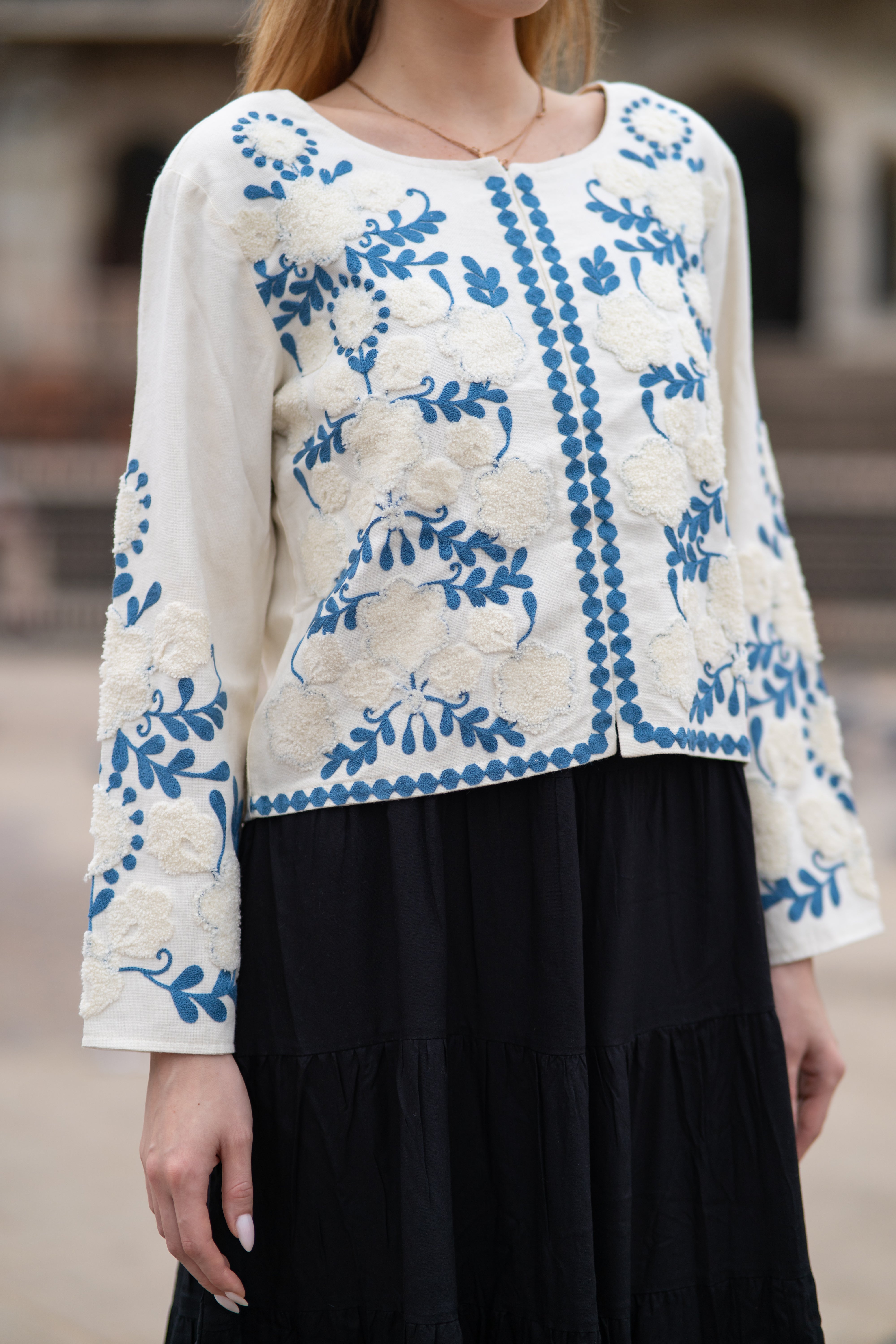 Boho Chic Handloom Jacket in Blue Embroidery Work