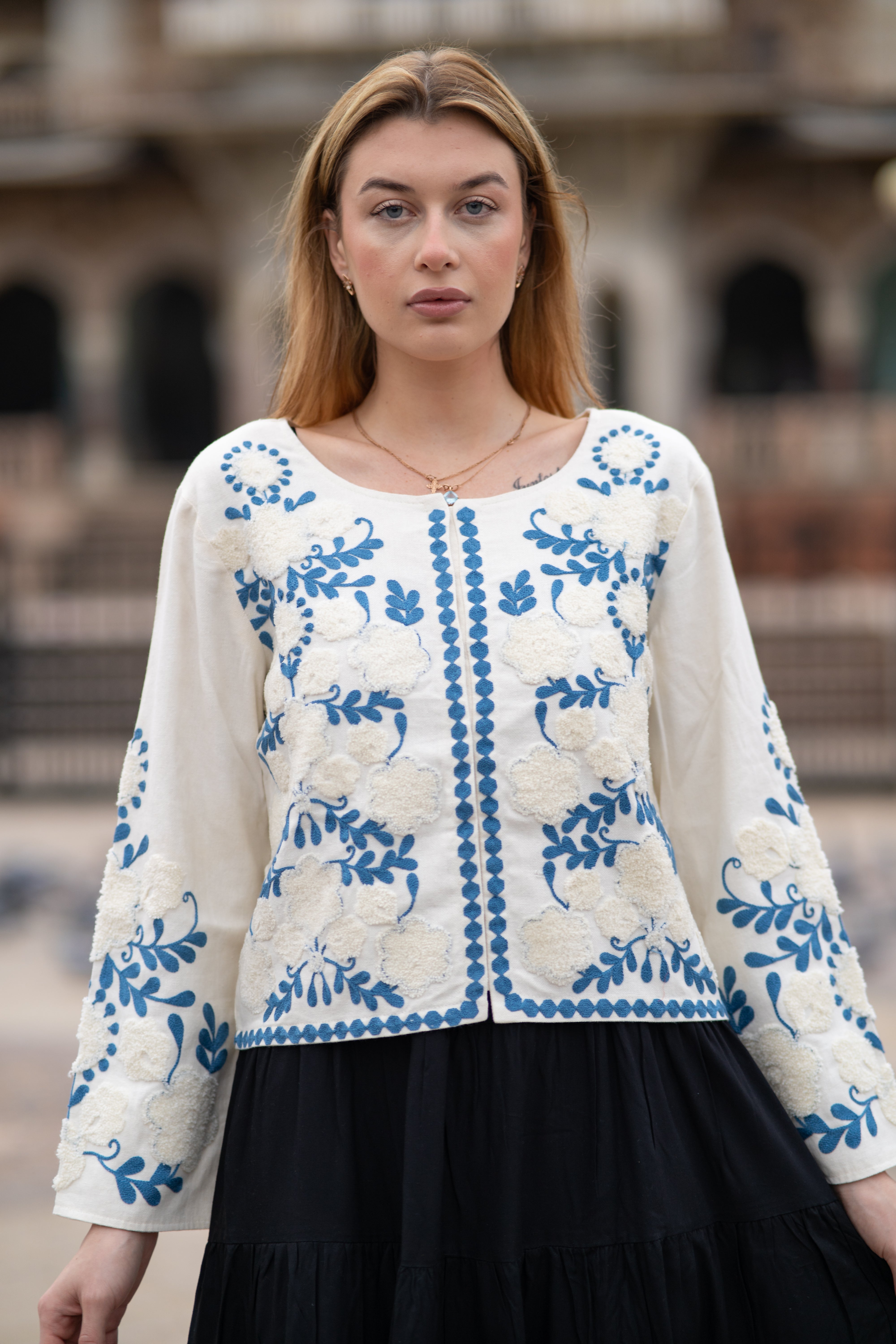 Boho Chic Handloom Jacket in Blue Embroidery Work