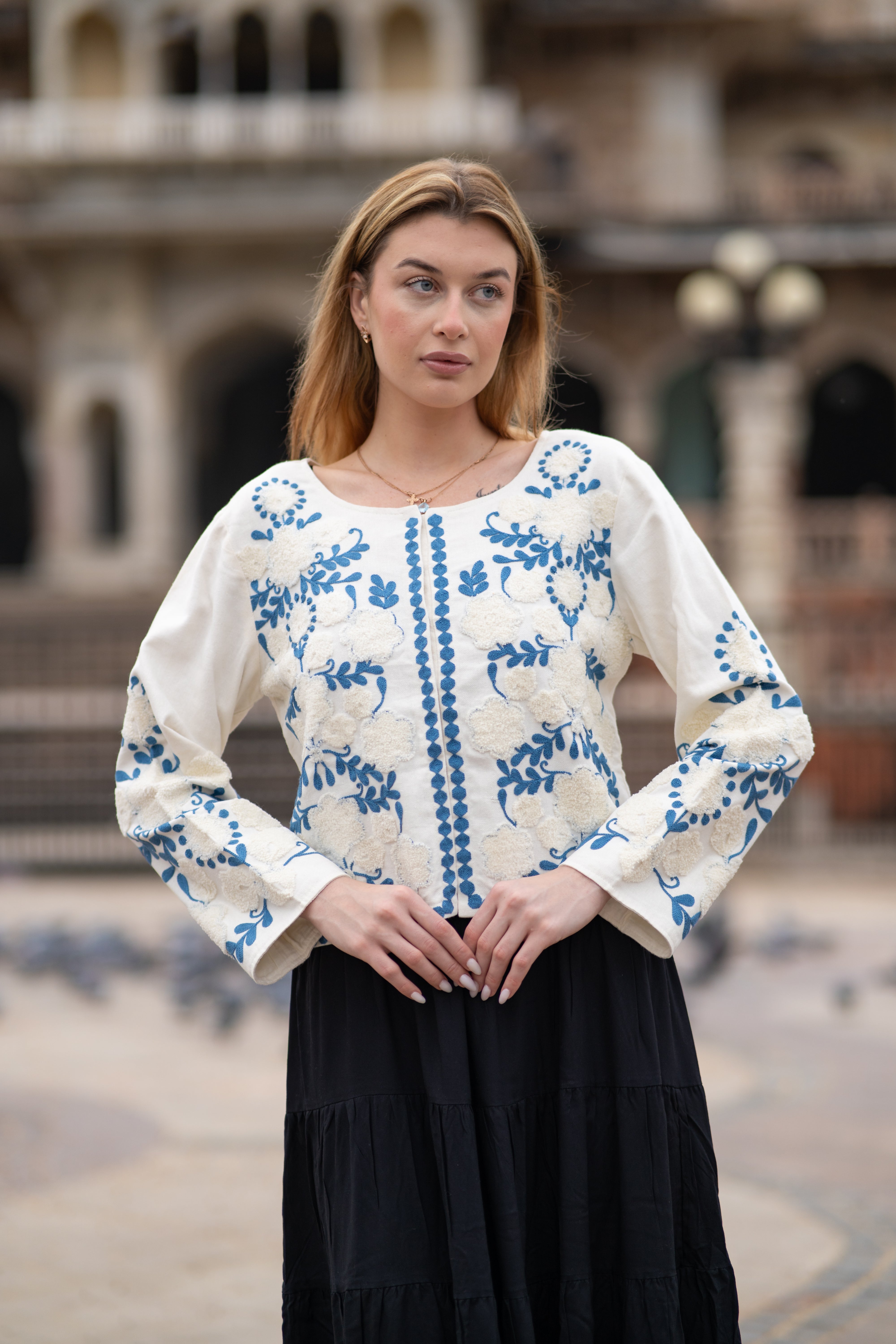 Boho Chic Handloom Jacket in Blue Embroidery Work