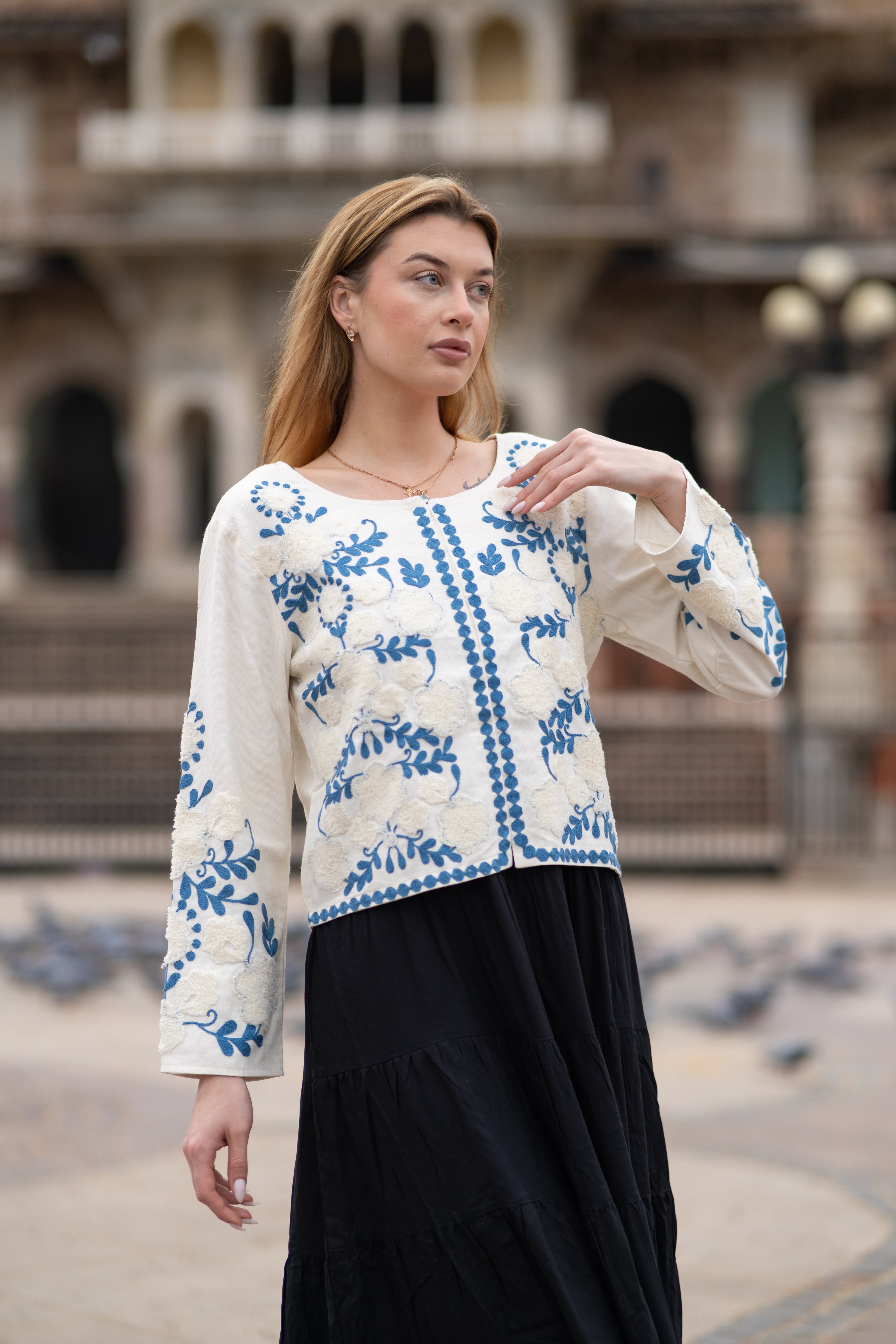 Boho Chic Handloom Jacket in Blue Embroidery Work