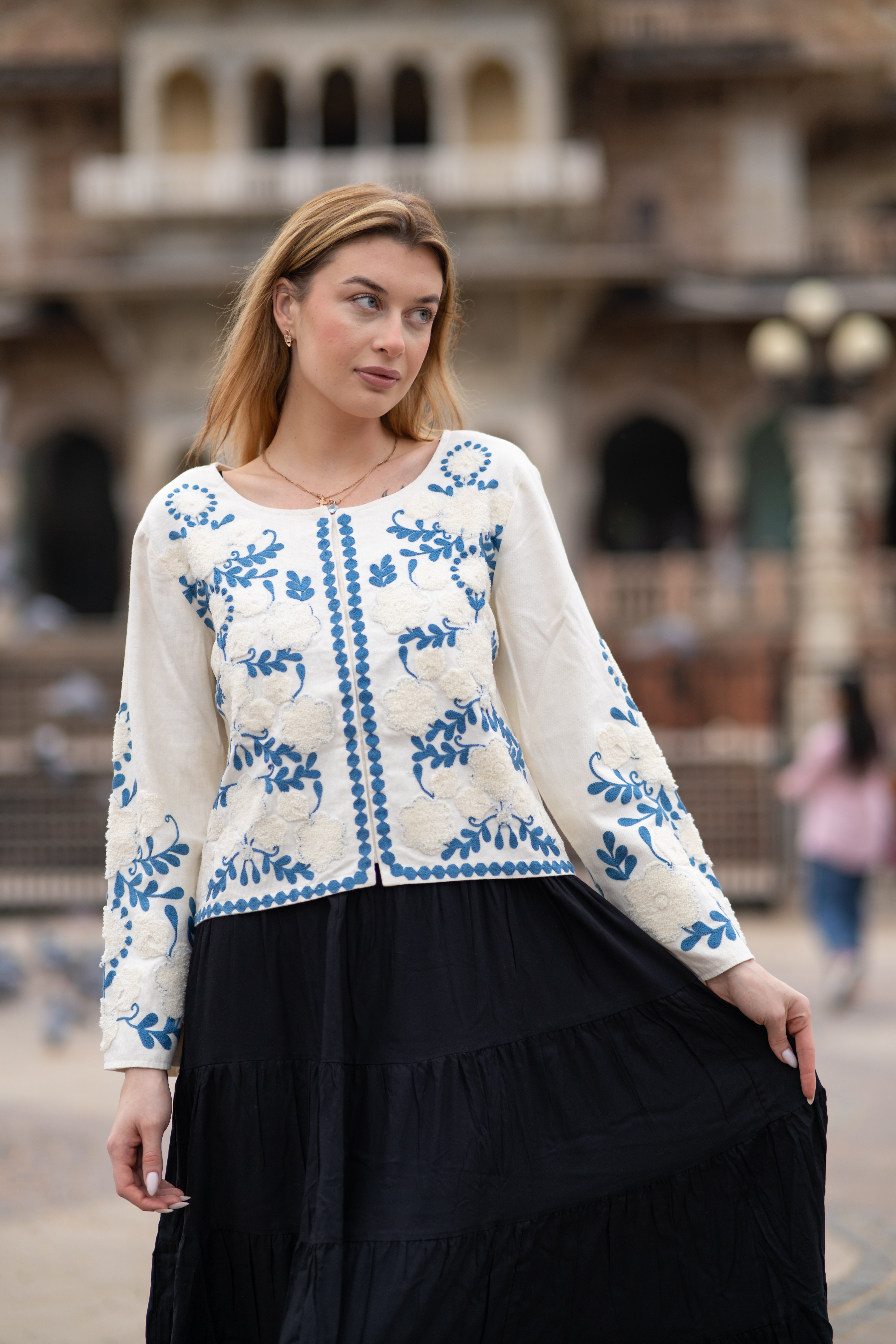 Boho Chic Handloom Jacket in Blue Embroidery Work