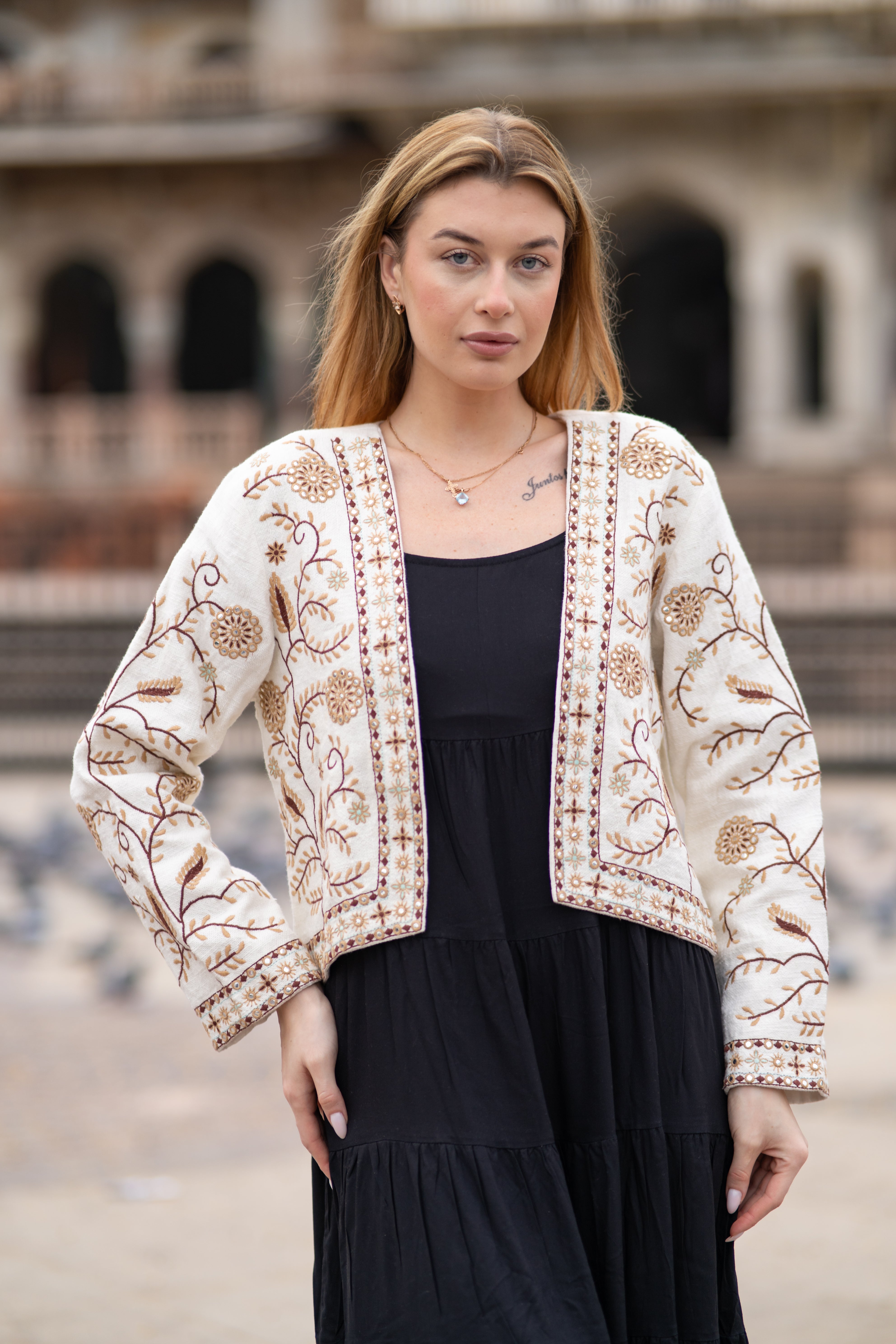 Boho Chic Handloom Jacket in Brown Embroidery Work