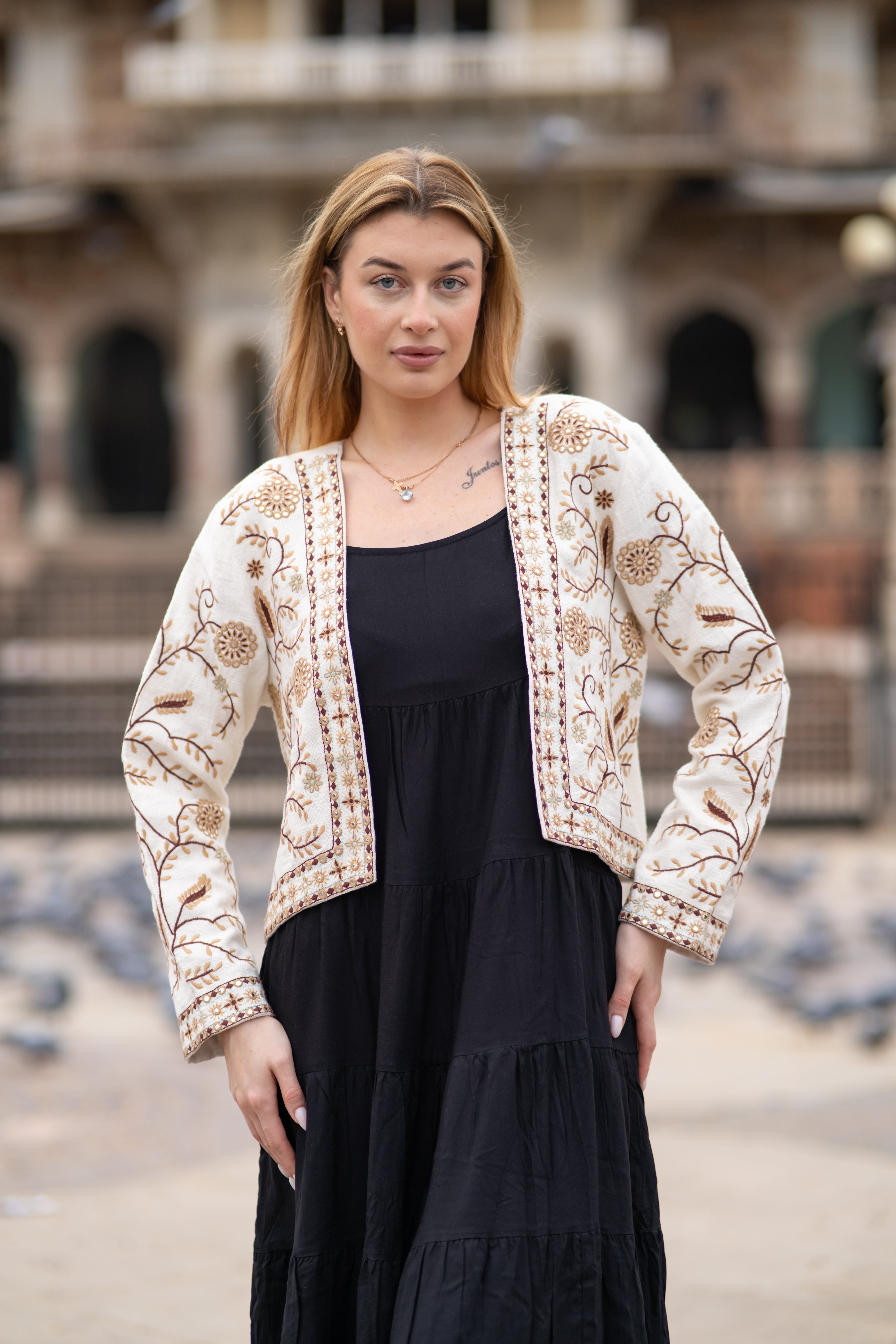 Boho Chic Handloom Jacket in Brown Embroidery Work