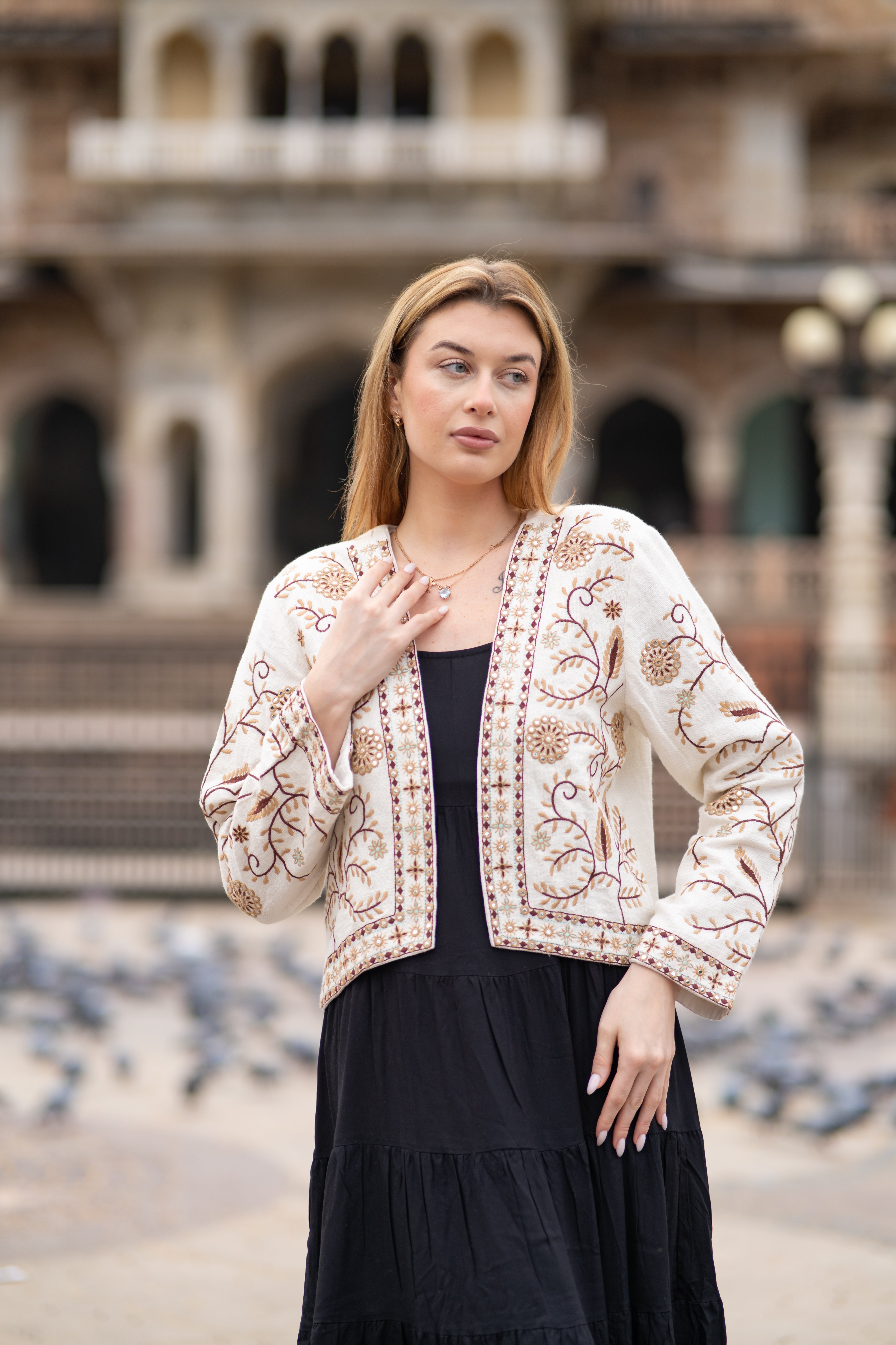 Boho Chic Handloom Jacket in Brown Embroidery Work