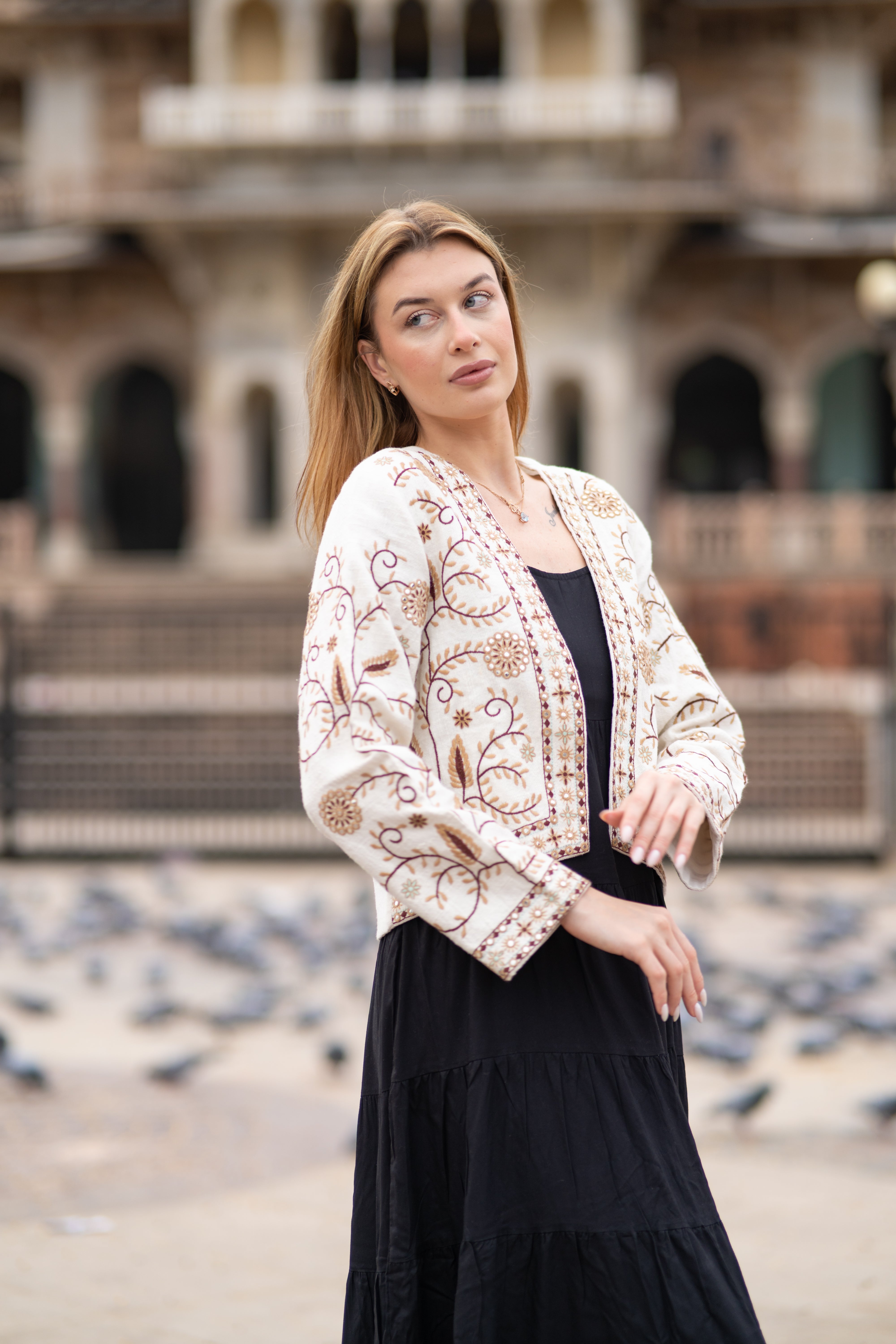 Boho Chic Handloom Jacket in Brown Embroidery Work