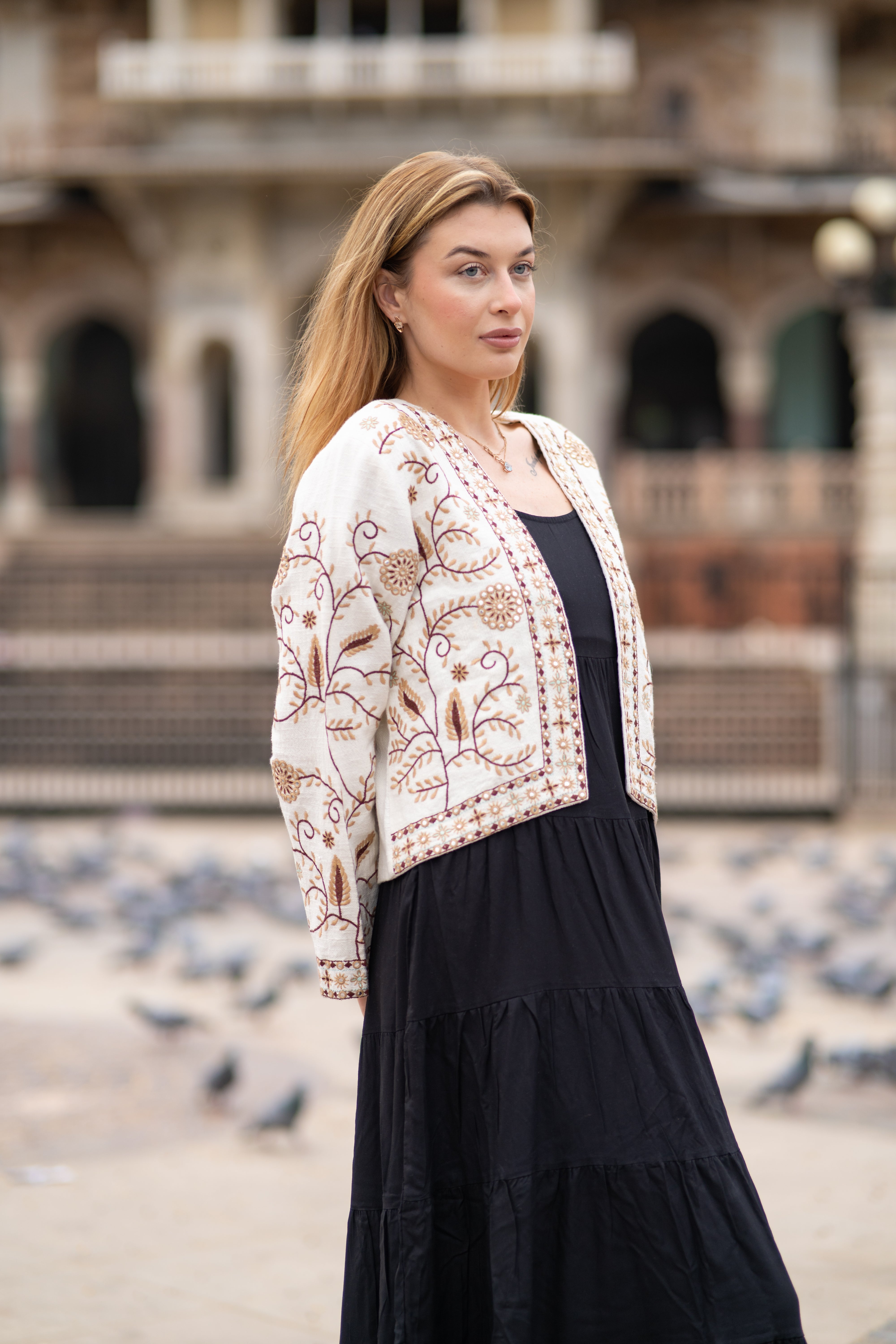 Boho Chic Handloom Jacket in Brown Embroidery Work