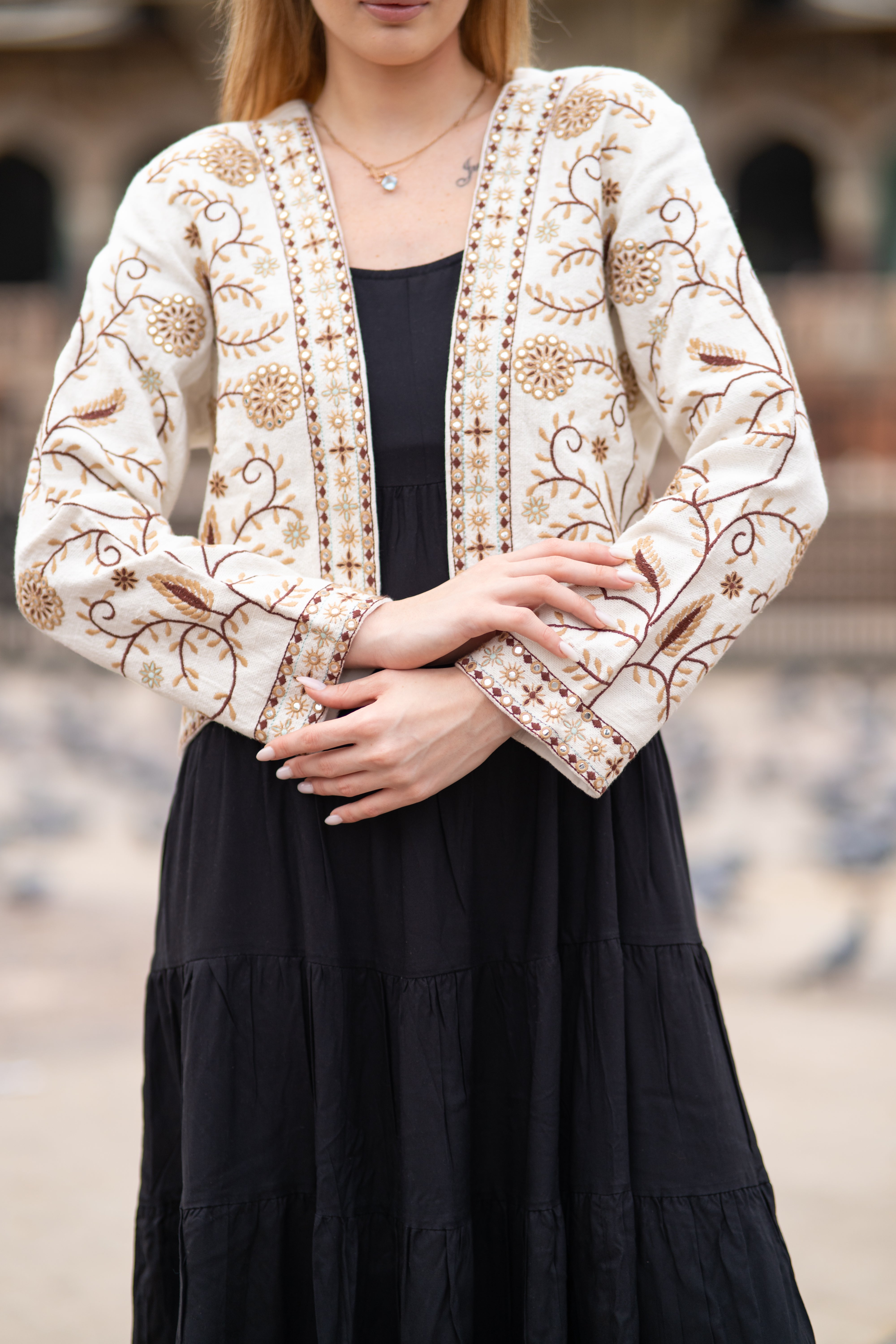 Boho Chic Handloom Jacket in Brown Embroidery Work