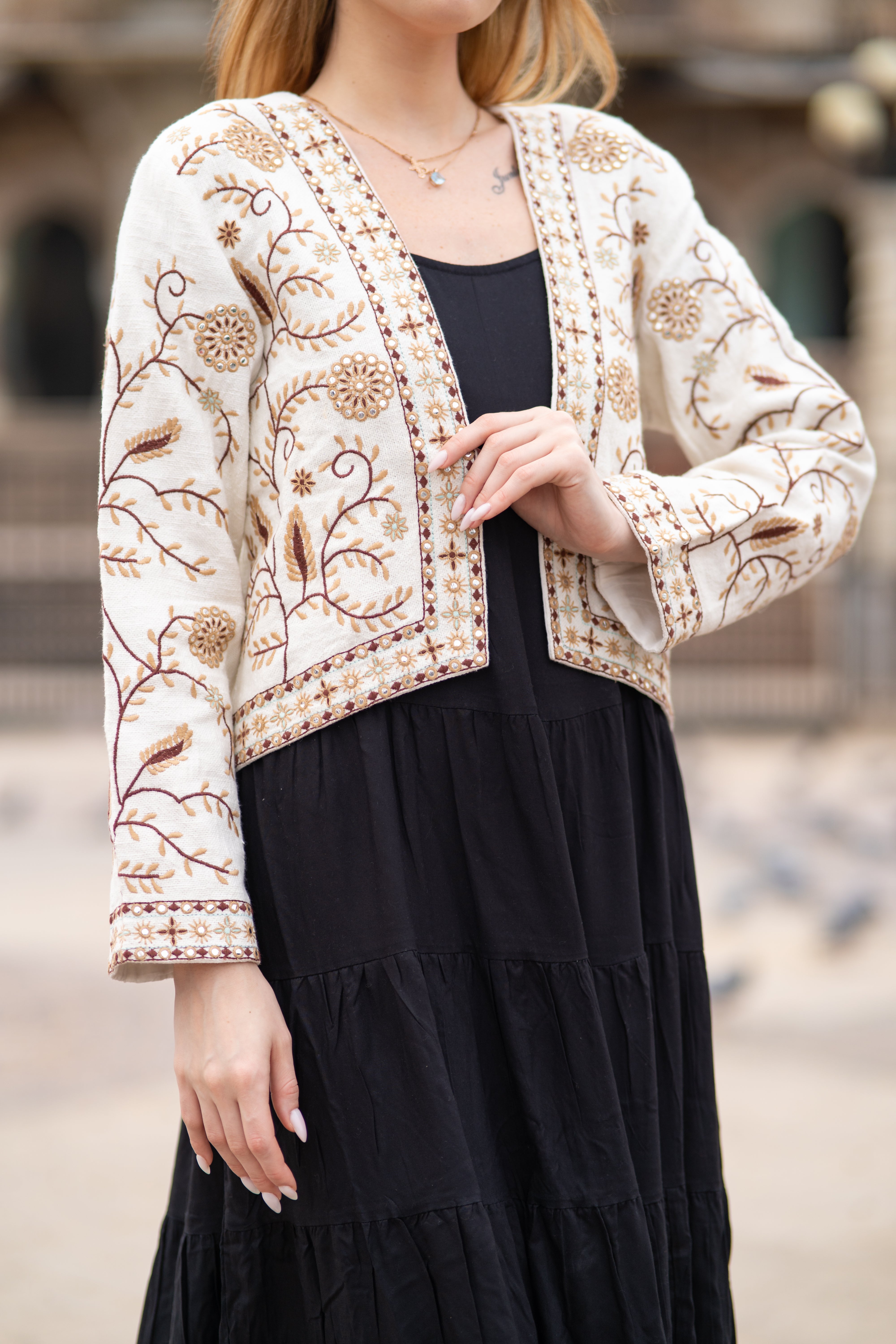 Boho Chic Handloom Jacket in Brown Embroidery Work