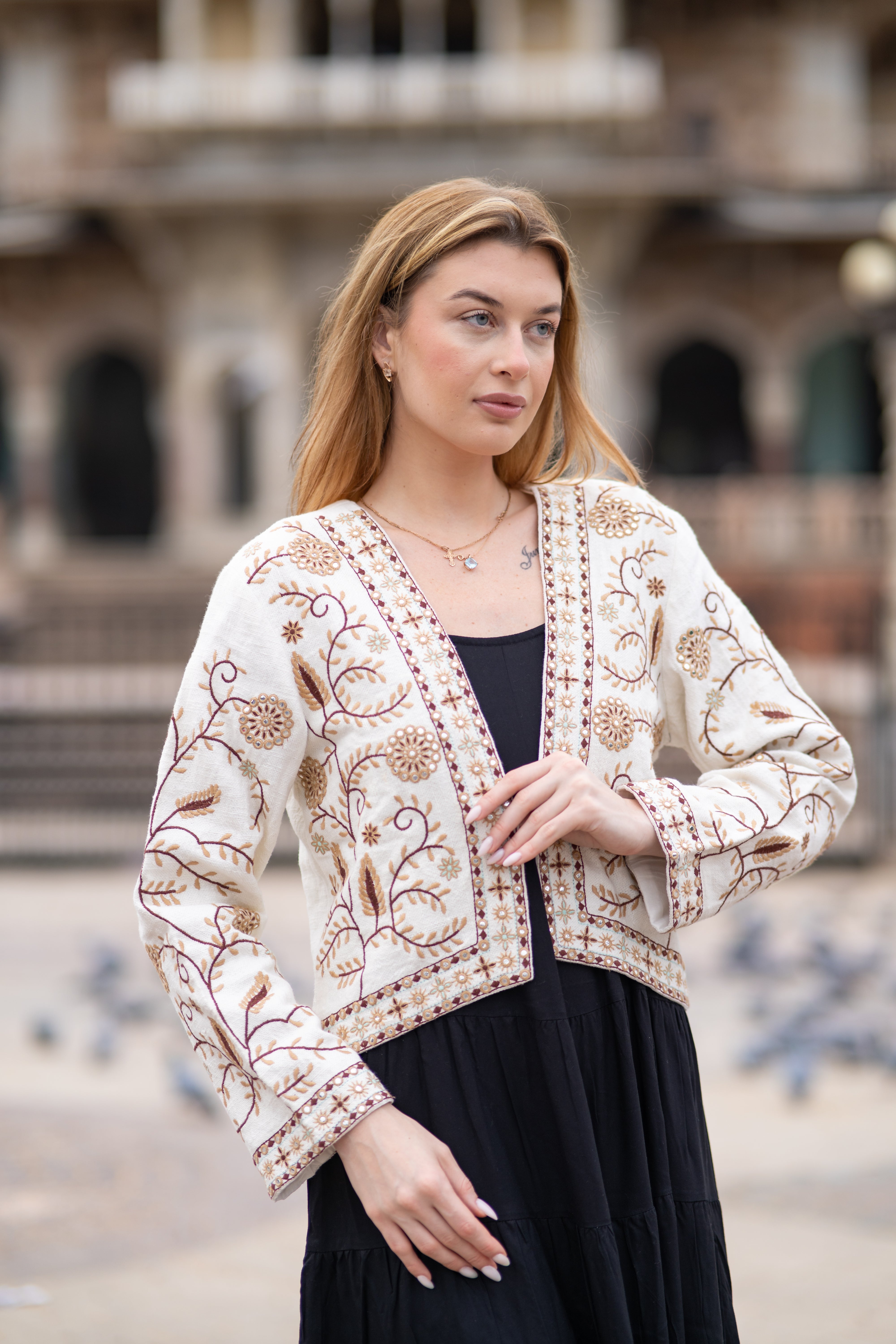 Boho Chic Handloom Jacket in Brown Embroidery Work