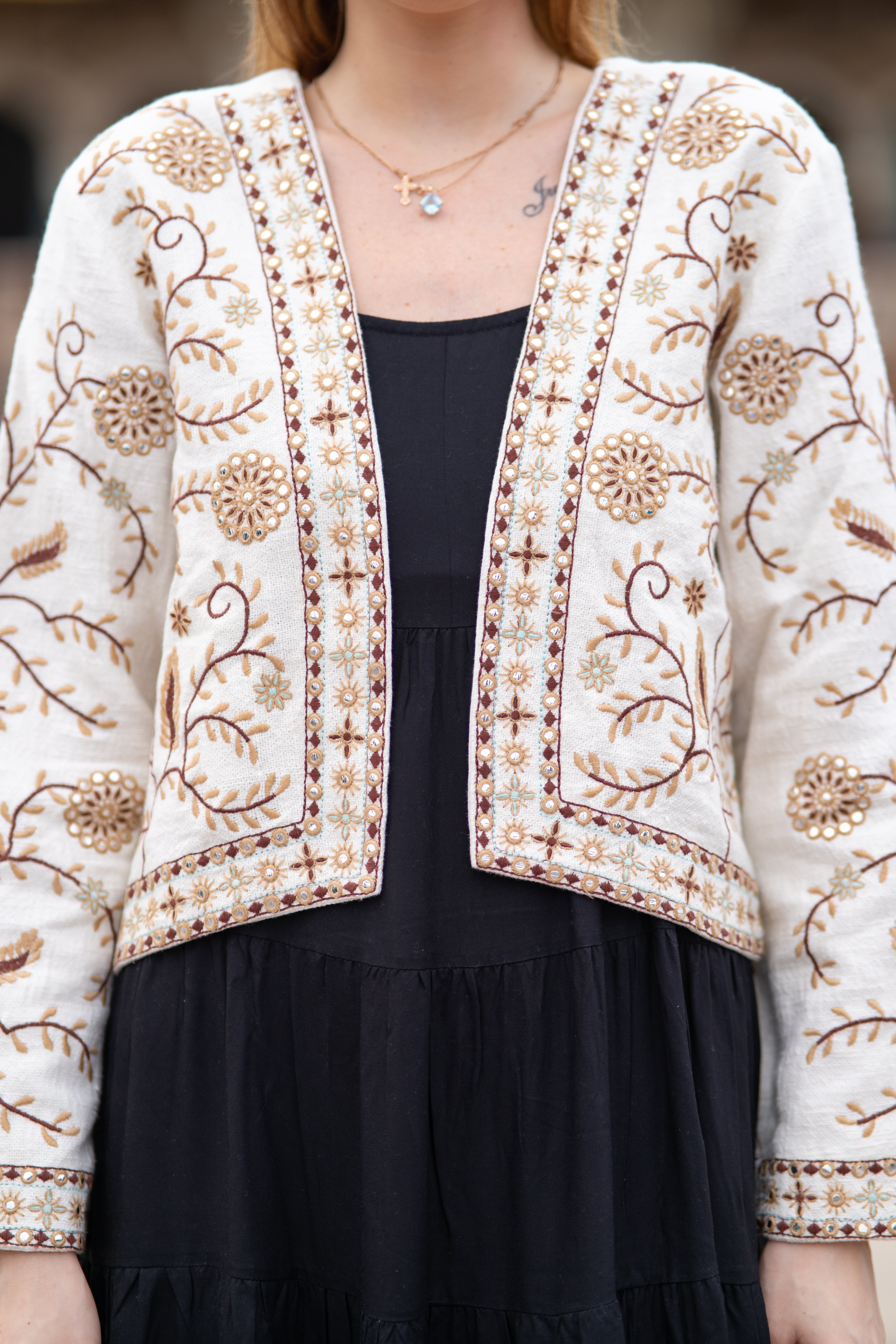 Boho Chic Handloom Jacket in Brown Embroidery Work