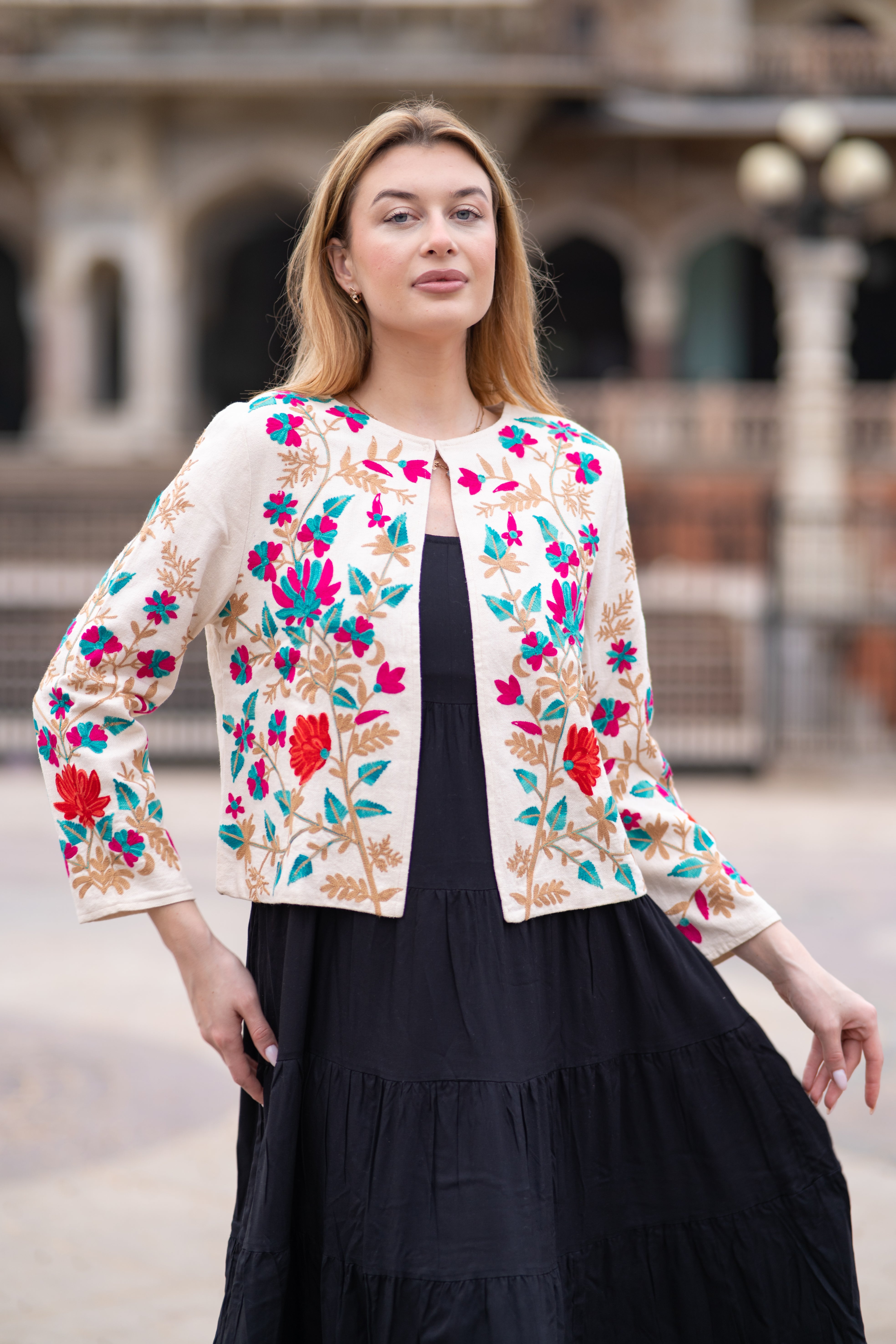 Boho Chic Handloom Jacket in Floral Embroidery Work