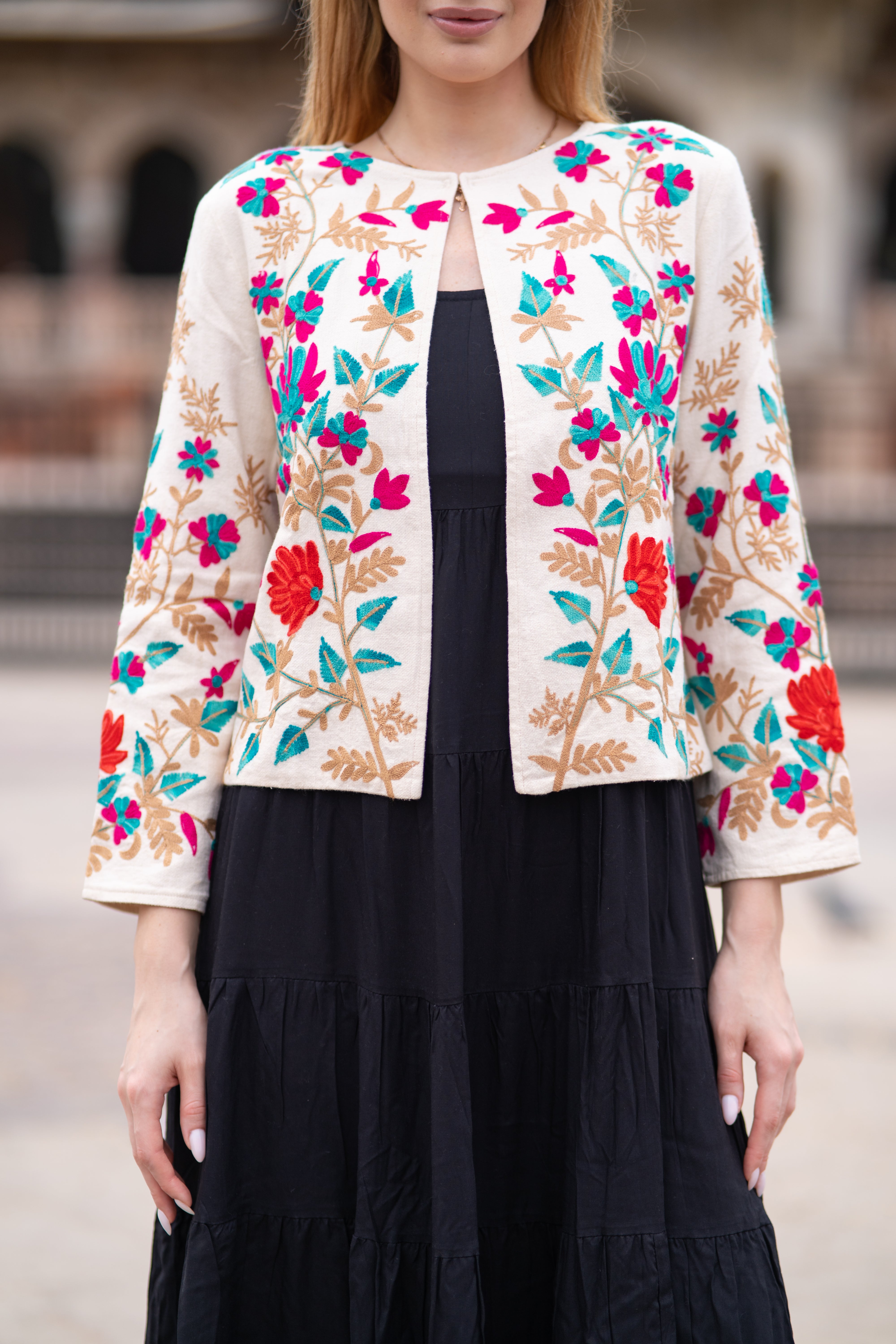 Boho Chic Handloom Jacket in Floral Embroidery Work