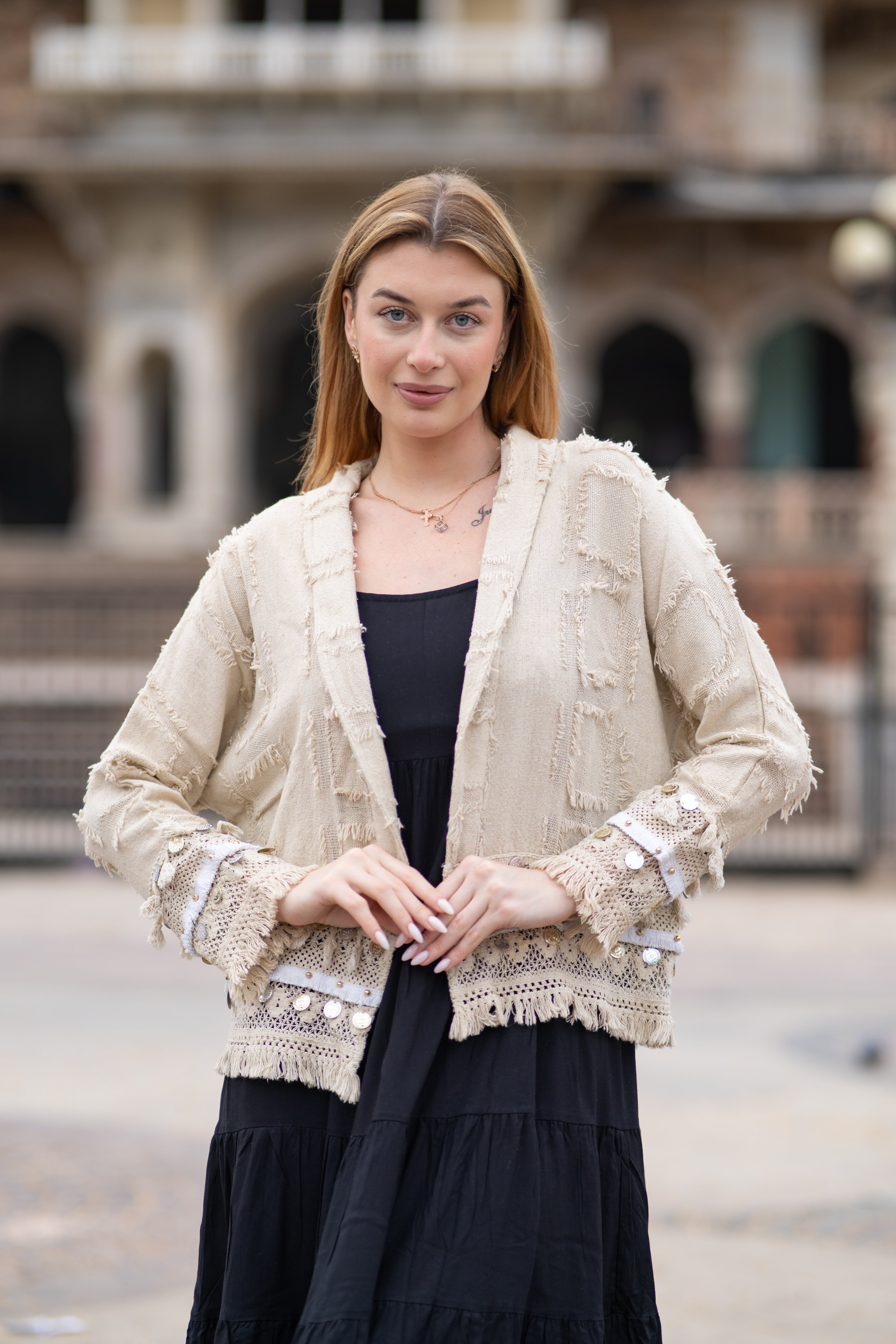 Ivory Boho Chic Handloom Jacket with Laced work