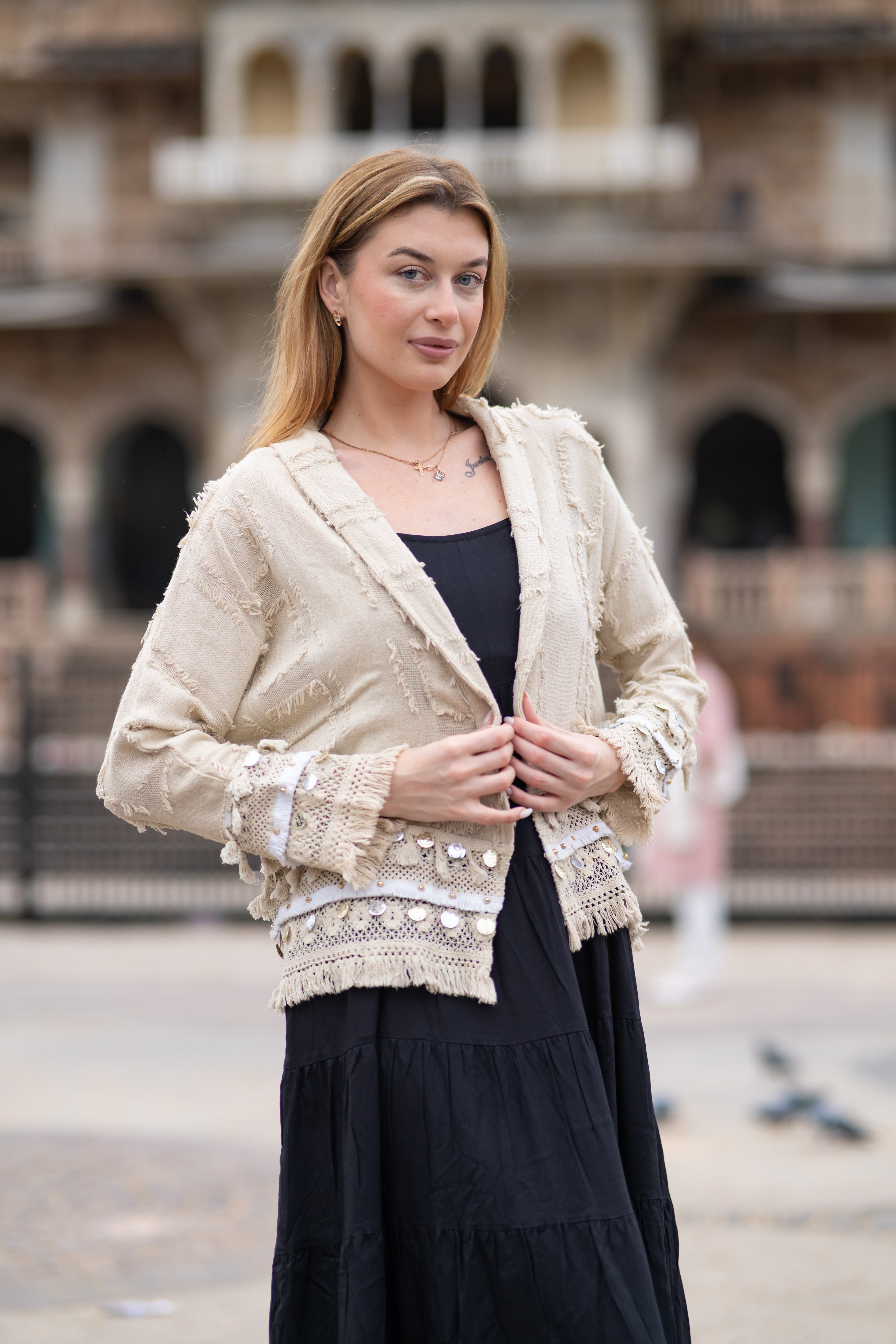 Ivory Boho Chic Handloom Jacket with Laced work