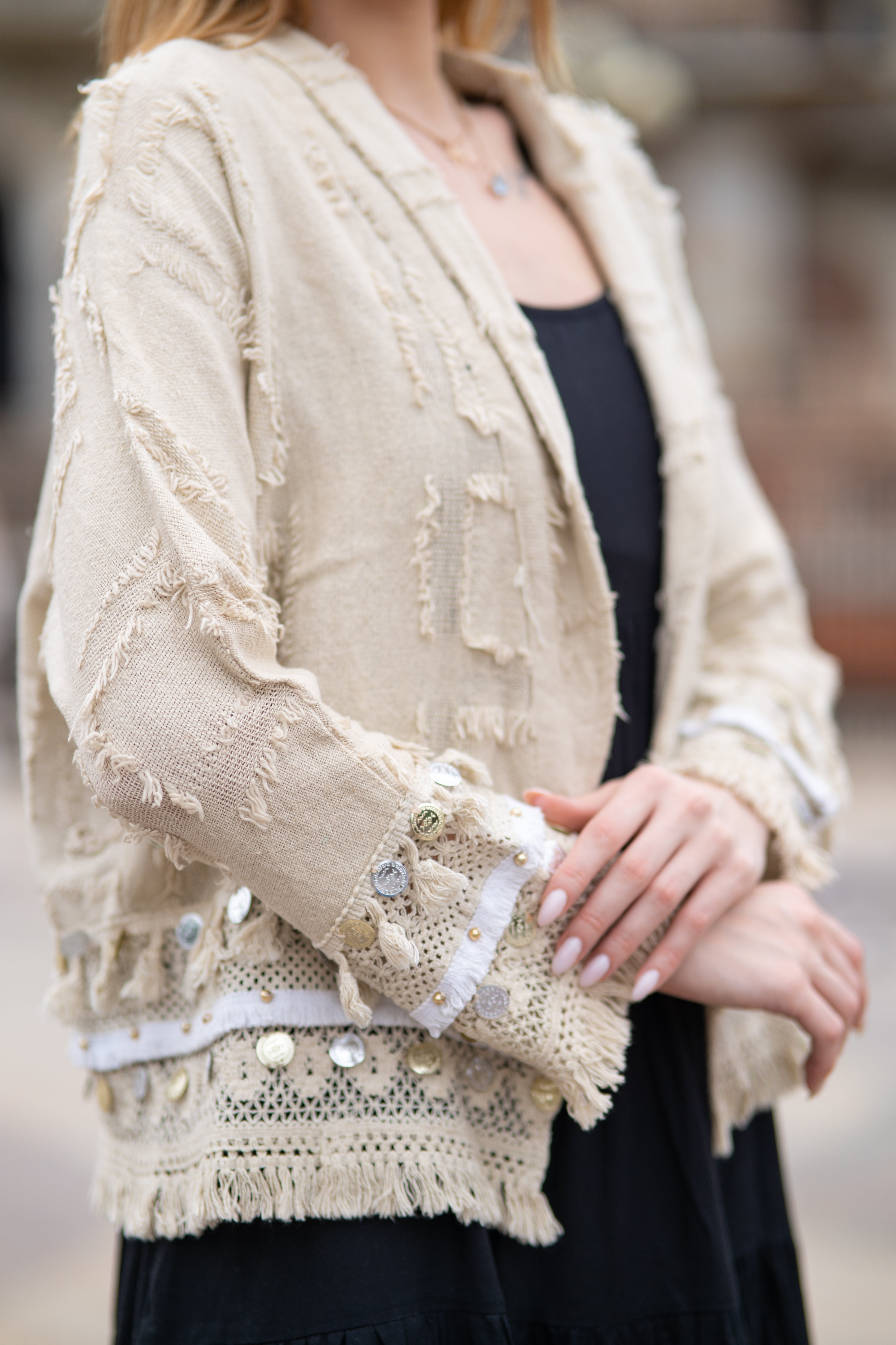 Ivory Boho Chic Handloom Jacket with Laced work