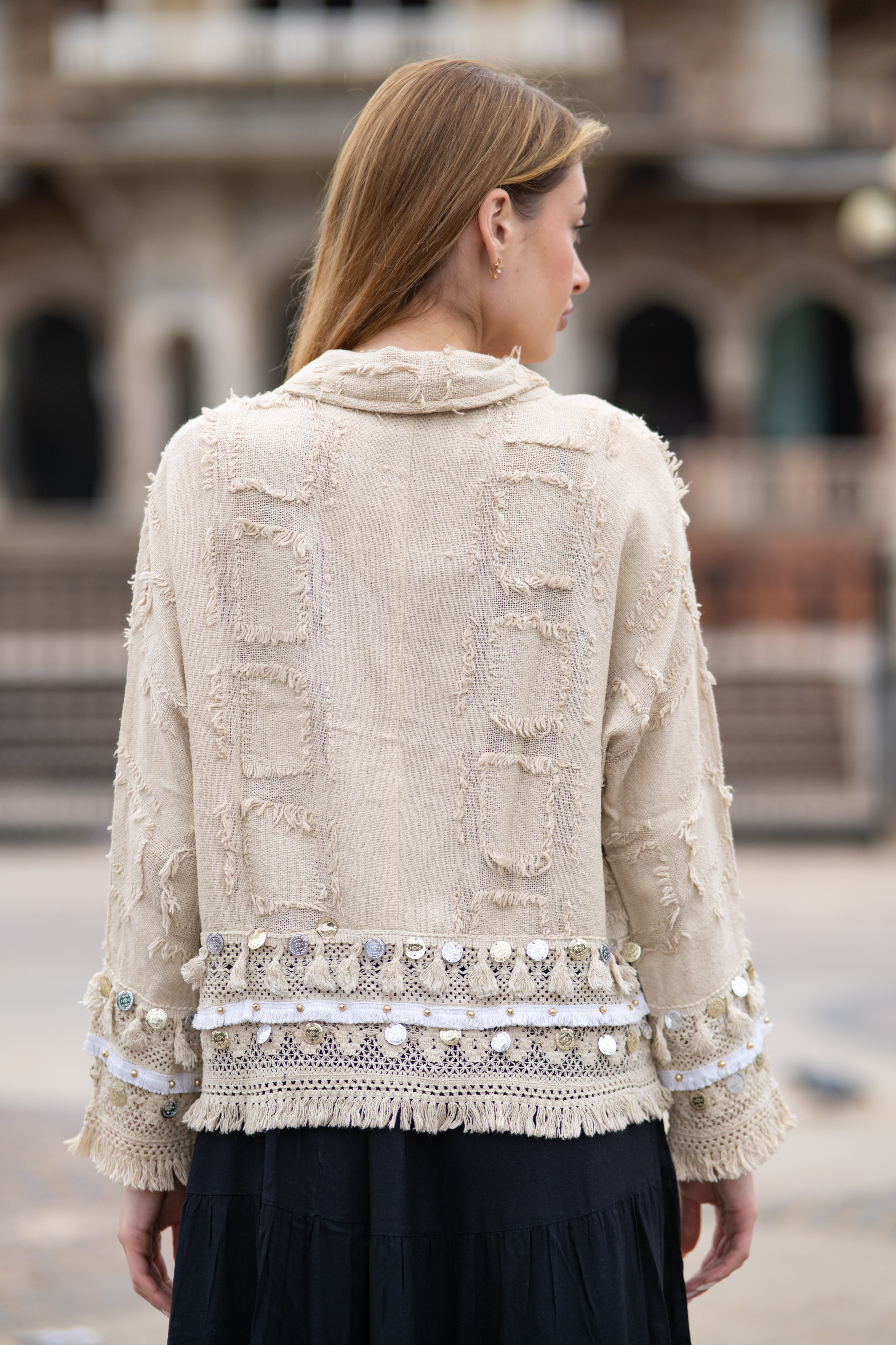 Ivory Boho Chic Handloom Jacket with Laced work