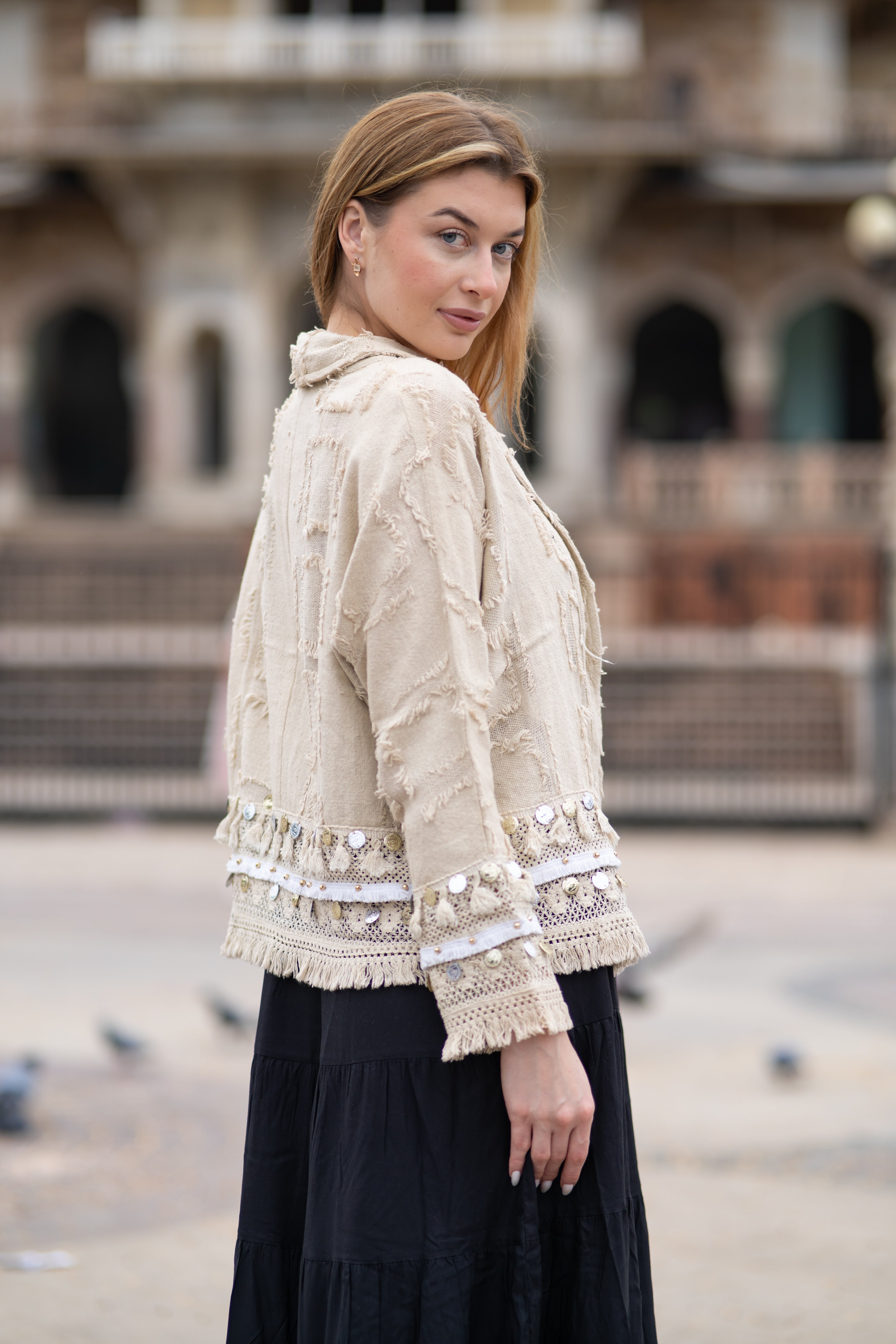 Ivory Boho Chic Handloom Jacket with Laced work