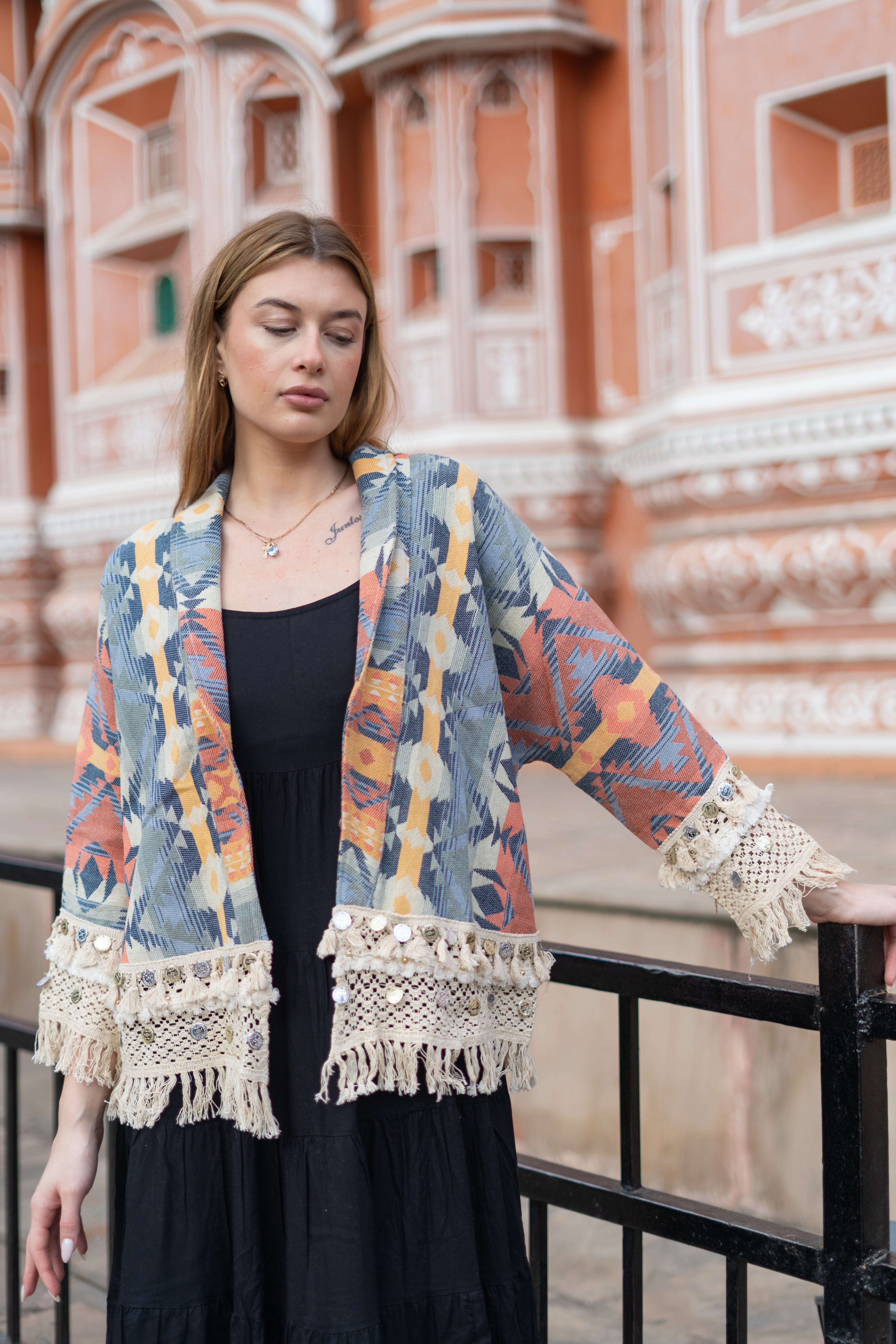 Boho Chic Handloom Jacket with Crochet Detailing