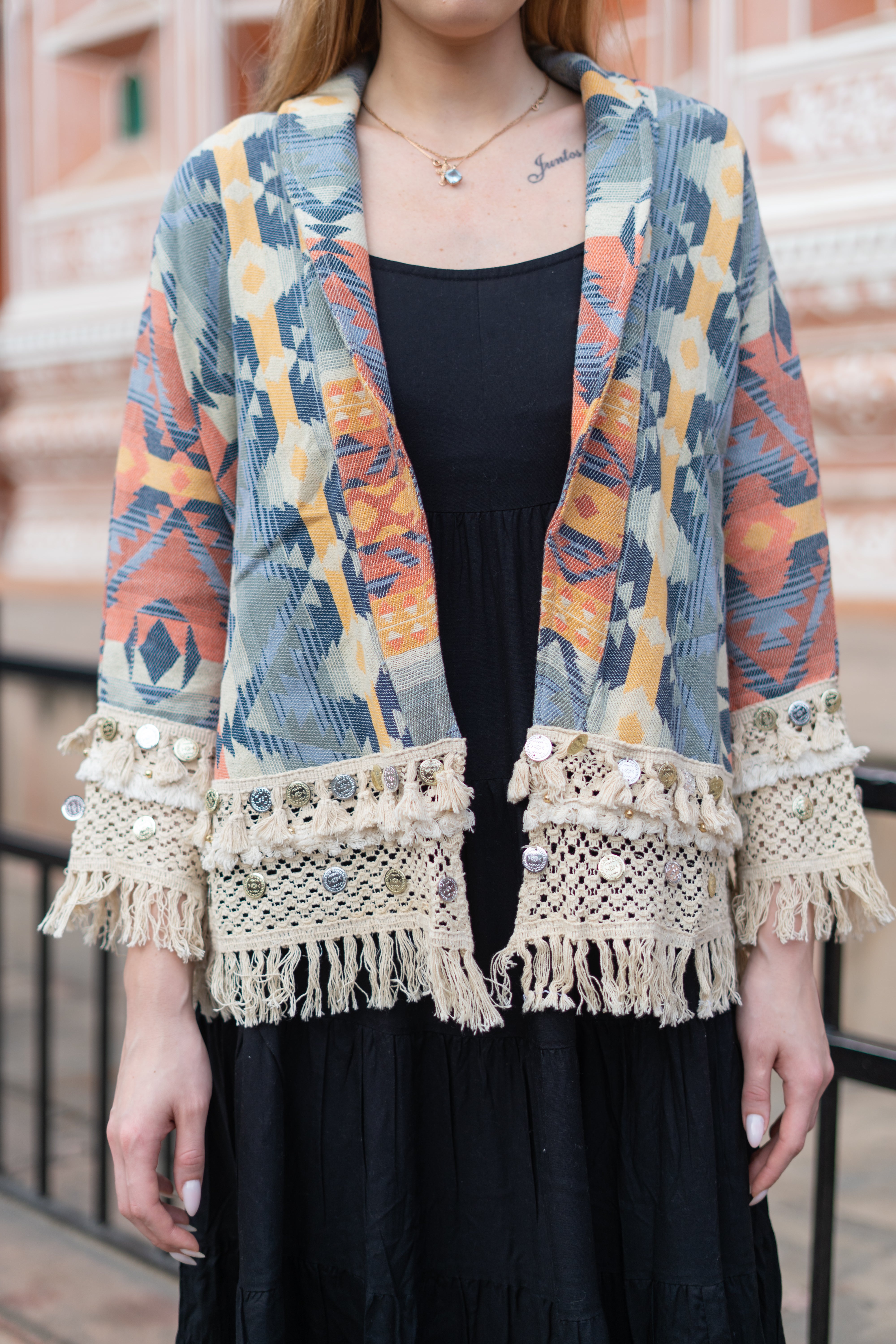 Boho Chic Handloom Jacket with Crochet Detailing