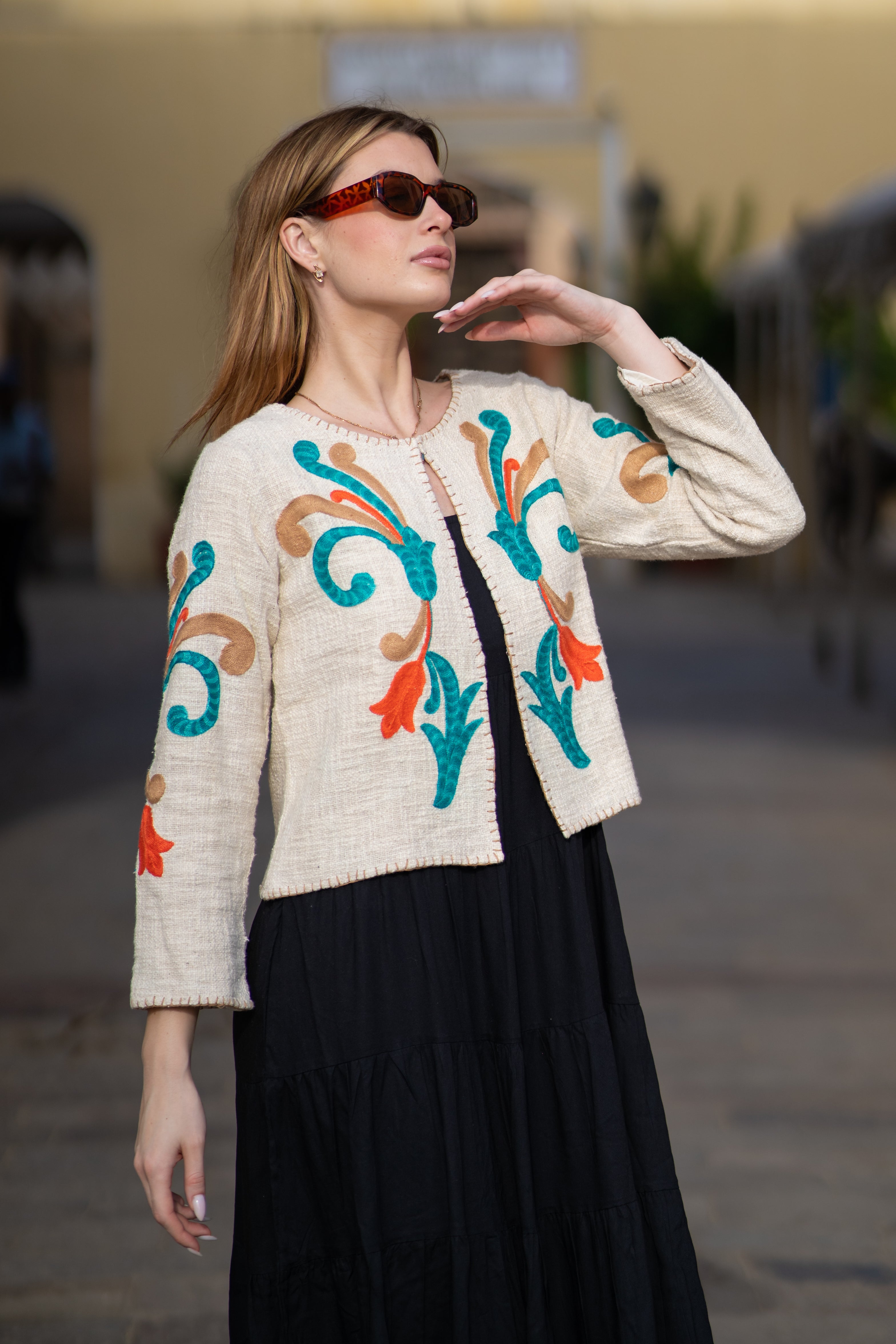 Ivory Boho Chic Handloom Jacket with Embroidery