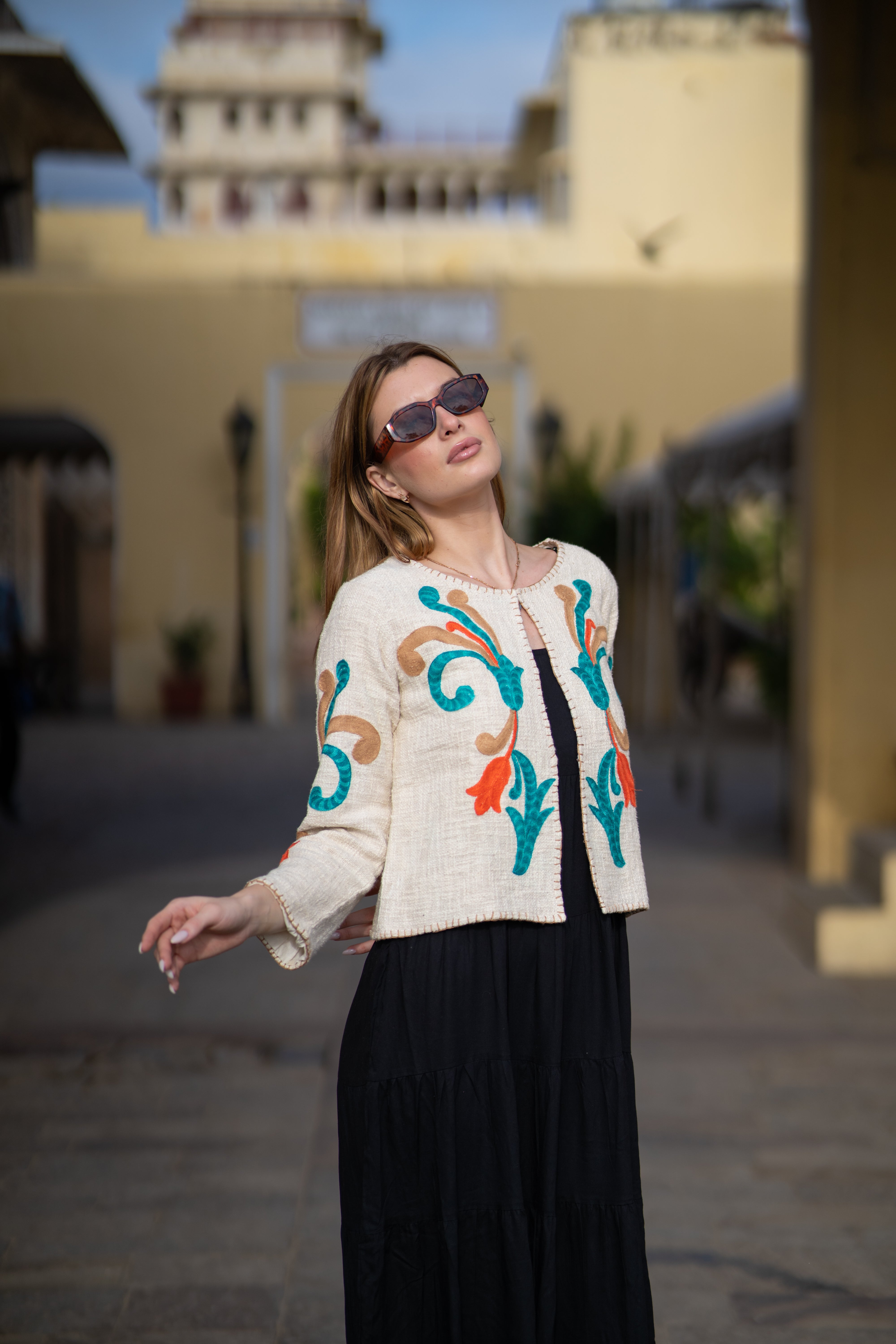 Ivory Boho Chic Handloom Jacket with Embroidery