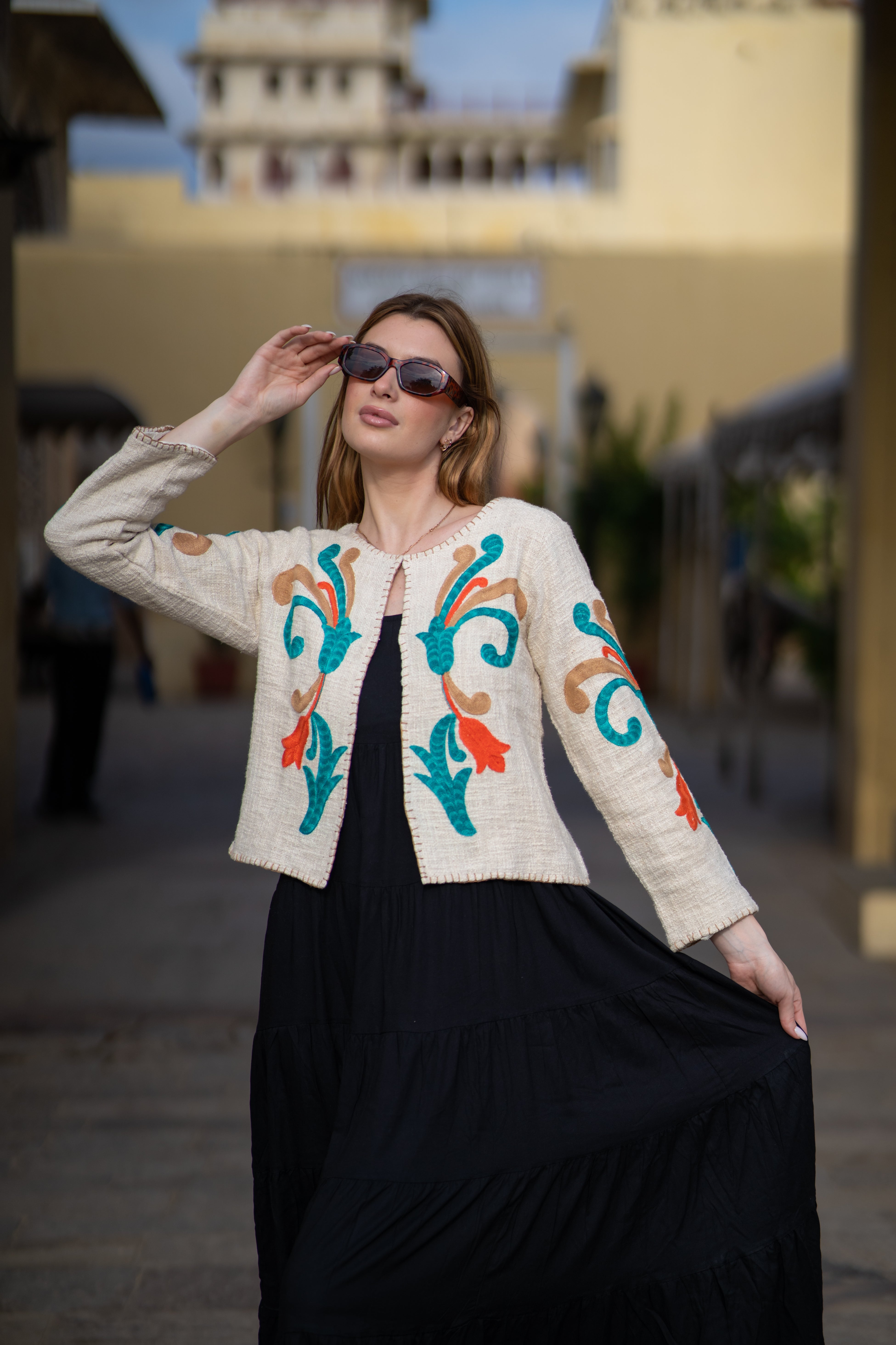 Ivory Boho Chic Handloom Jacket with Embroidery