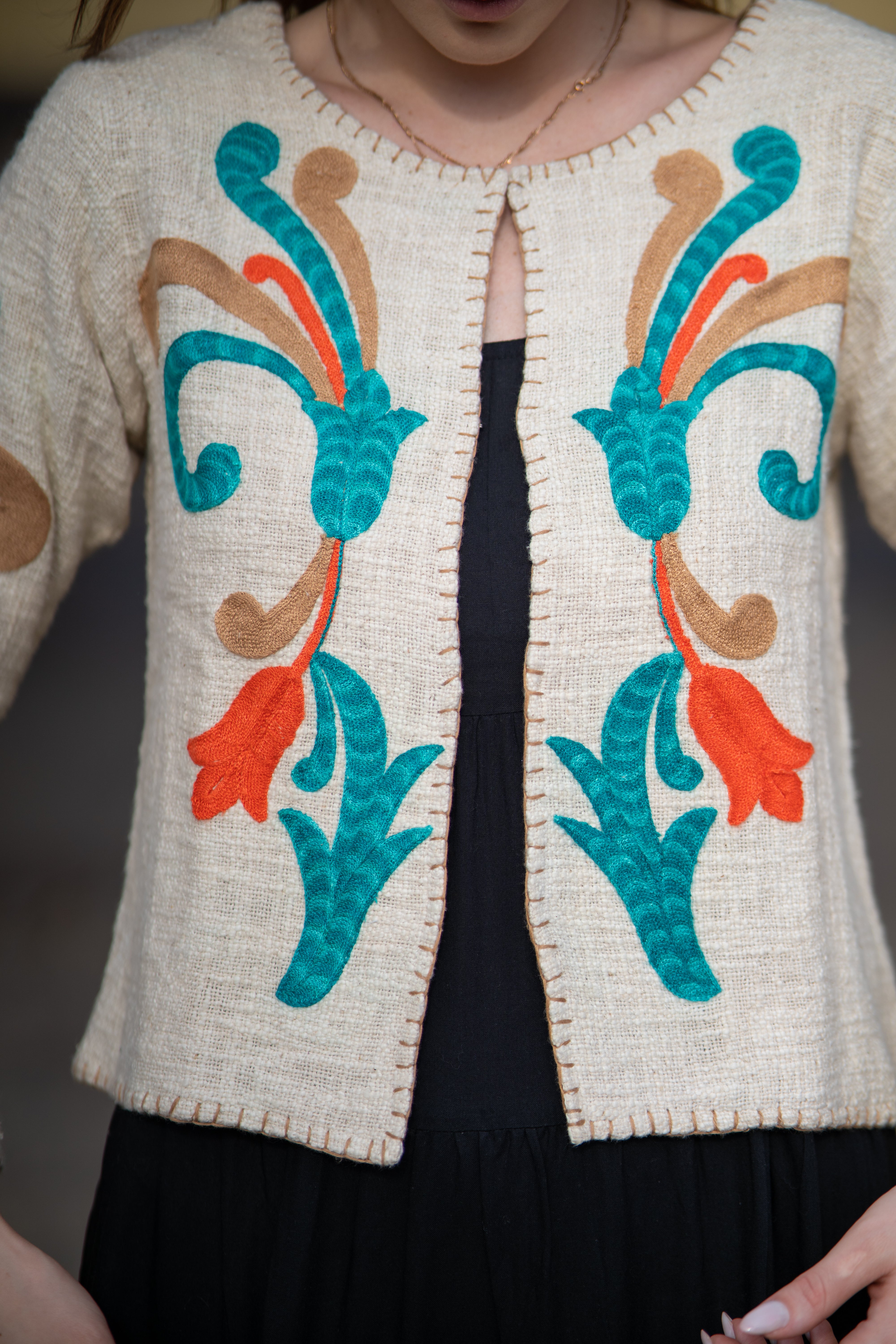 Ivory Boho Chic Handloom Jacket with Embroidery