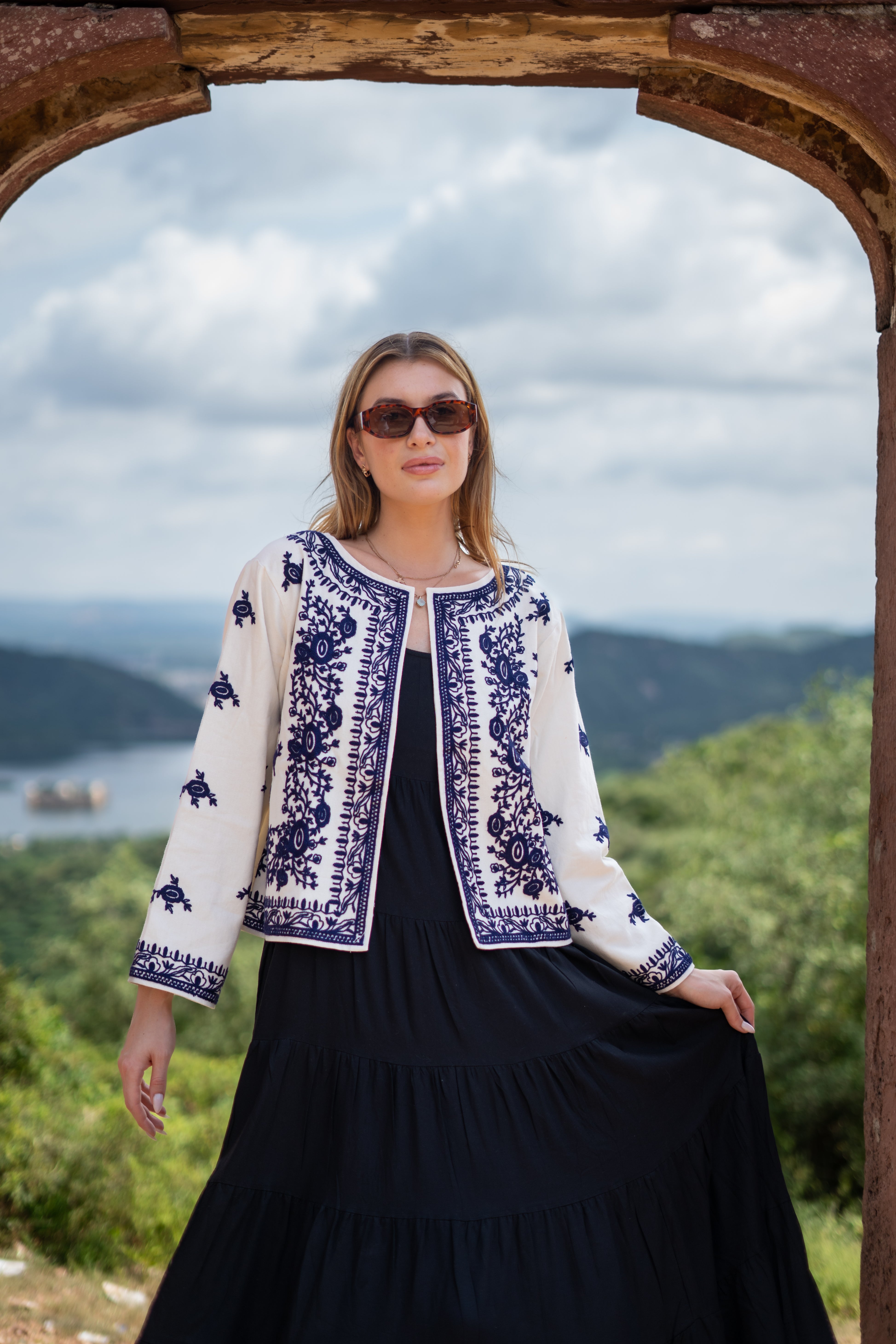 Boho Chic Handloom With Blue Floral Embroidery Jacket