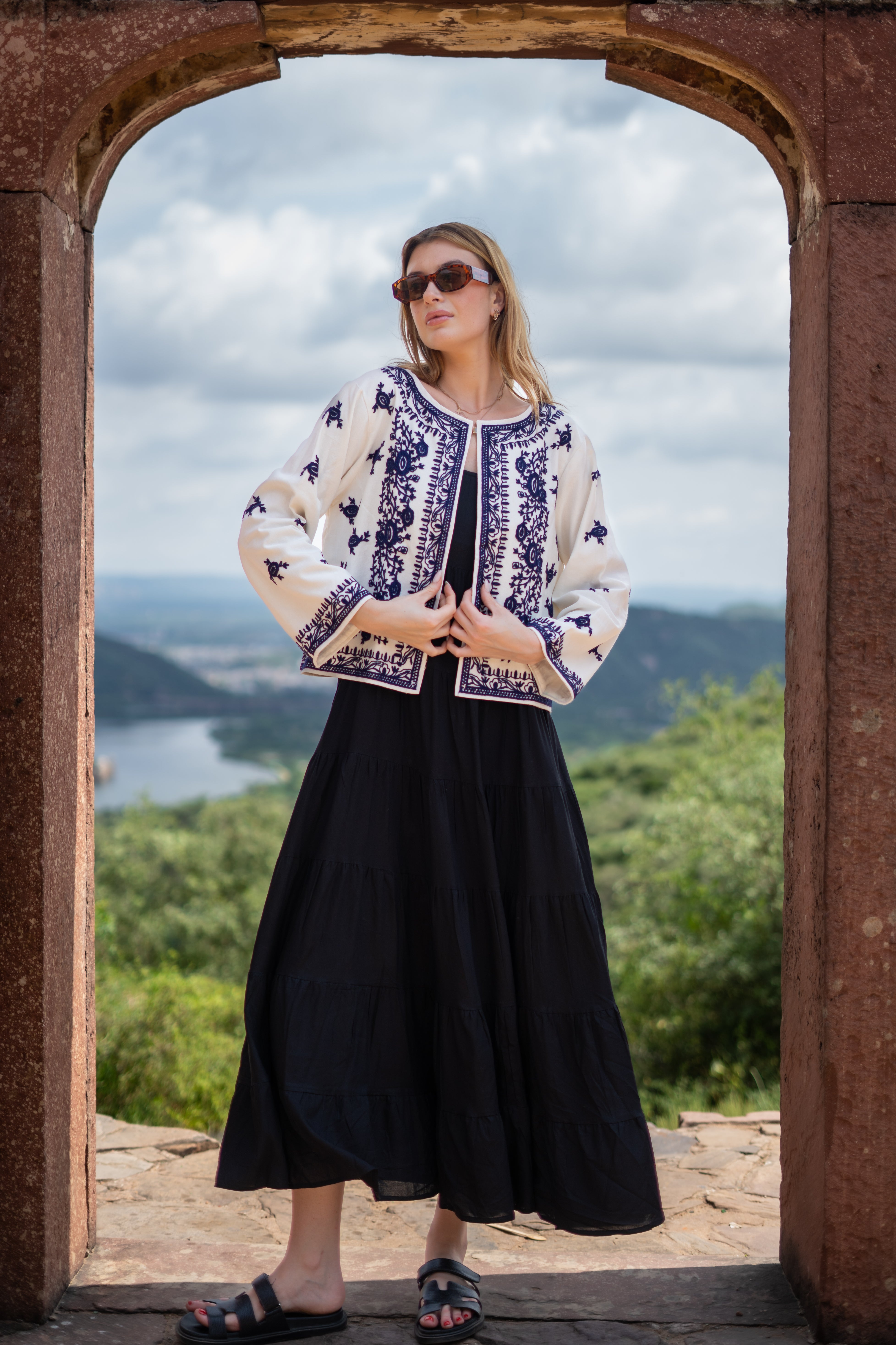 Boho Chic Handloom With Blue Floral Embroidery Jacket