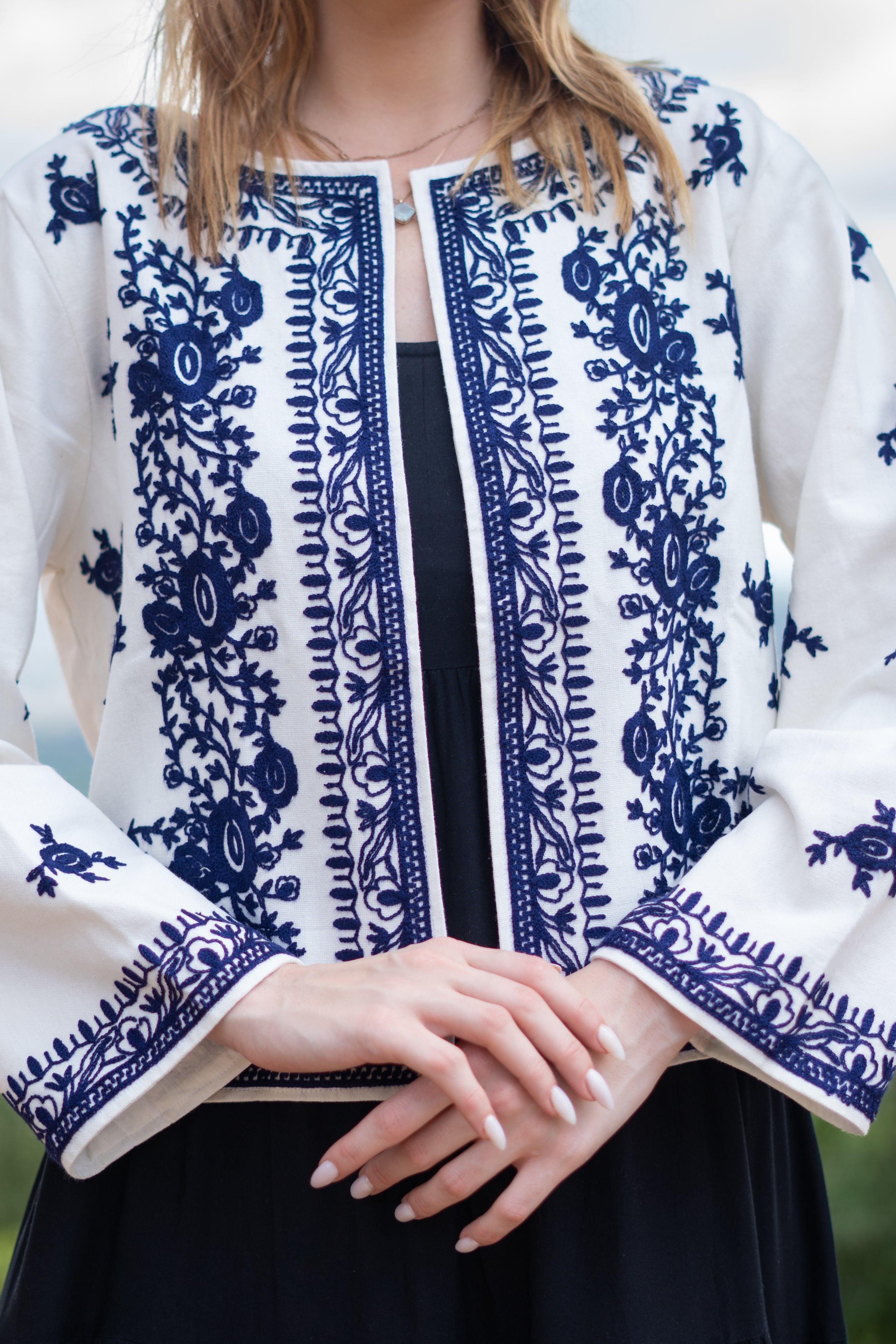 Boho Chic Handloom With Blue Floral Embroidery Jacket