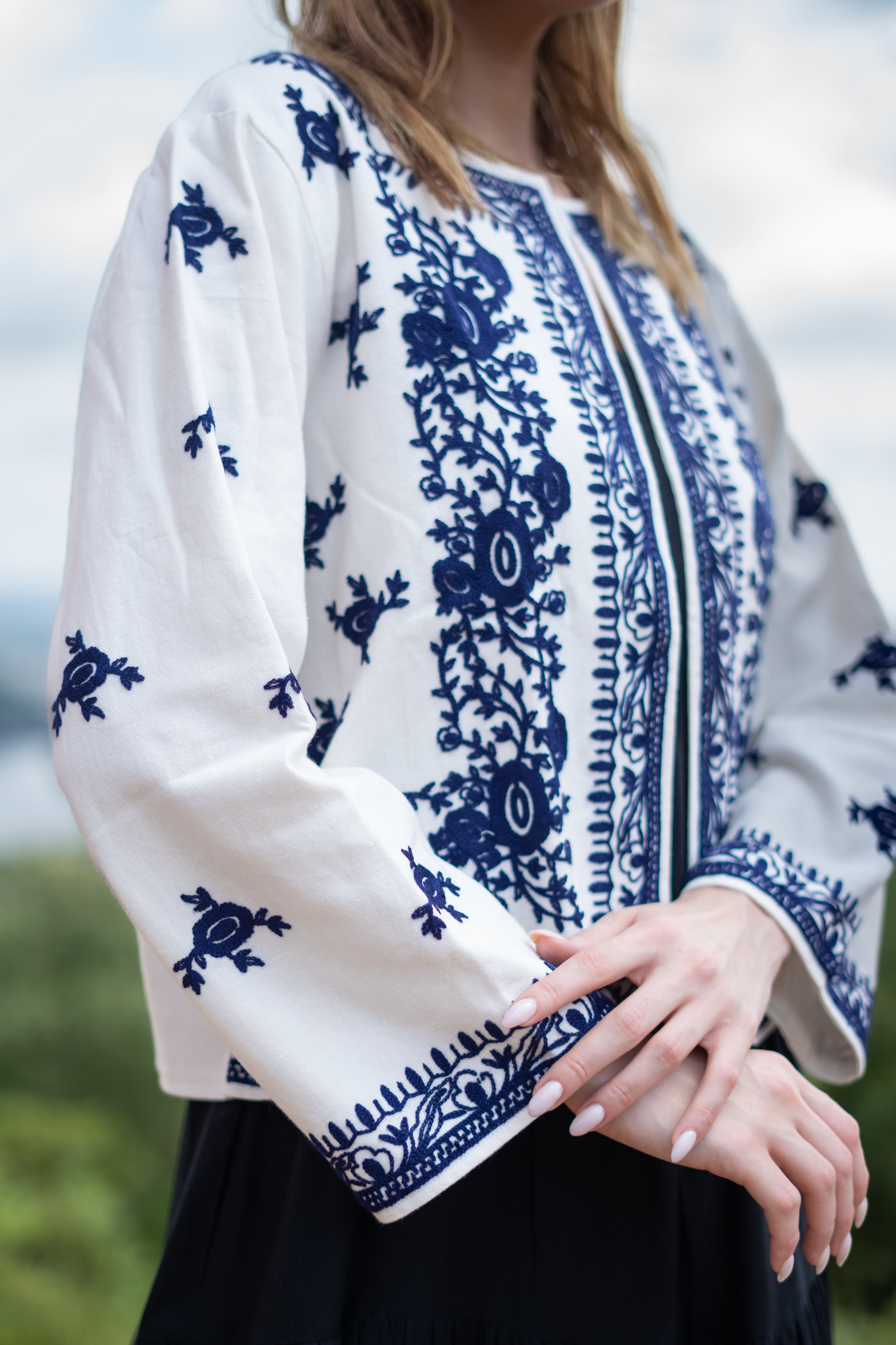 Boho Chic Handloom With Blue Floral Embroidery Jacket