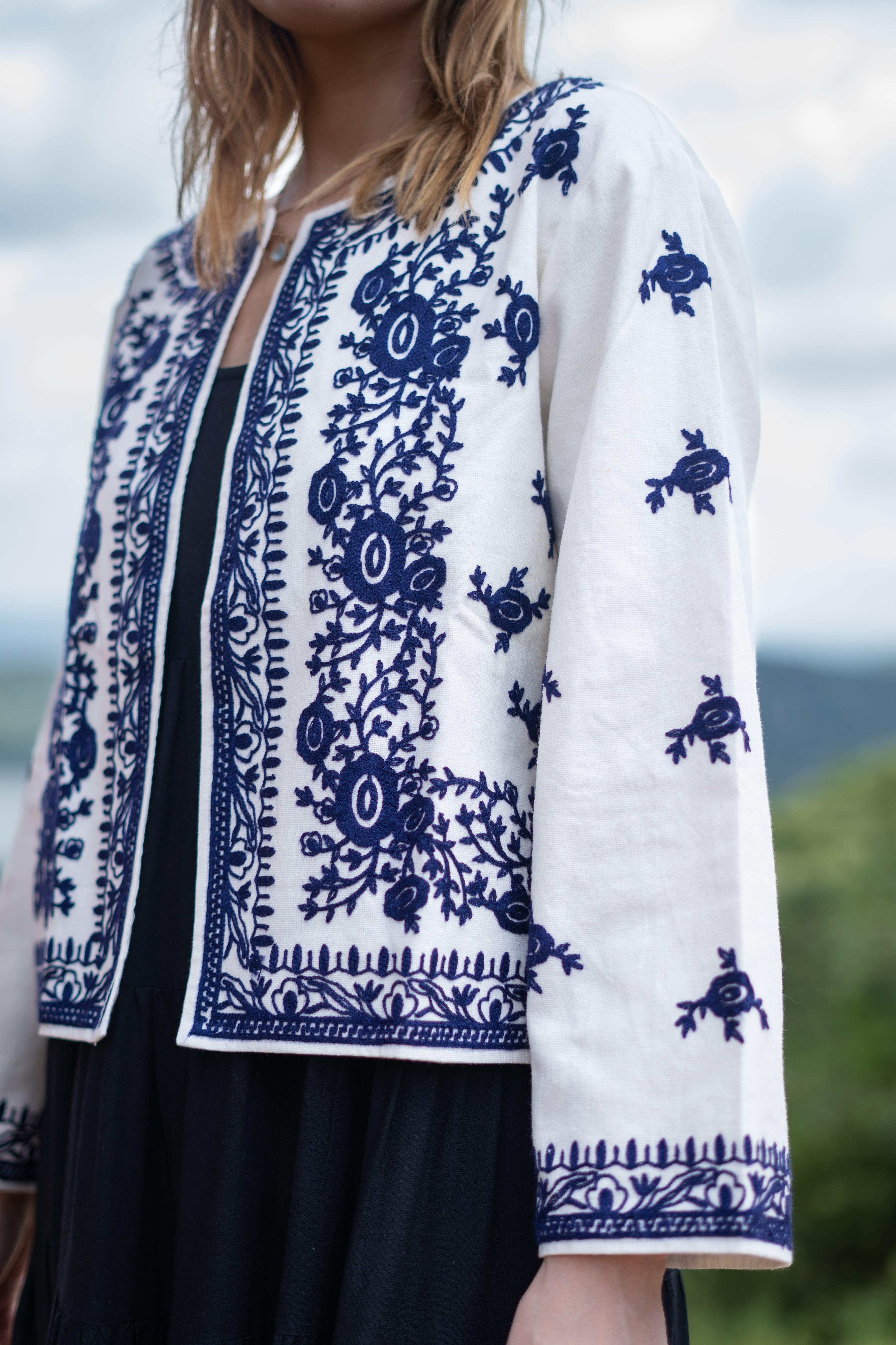 Boho Chic Handloom With Blue Floral Embroidery Jacket