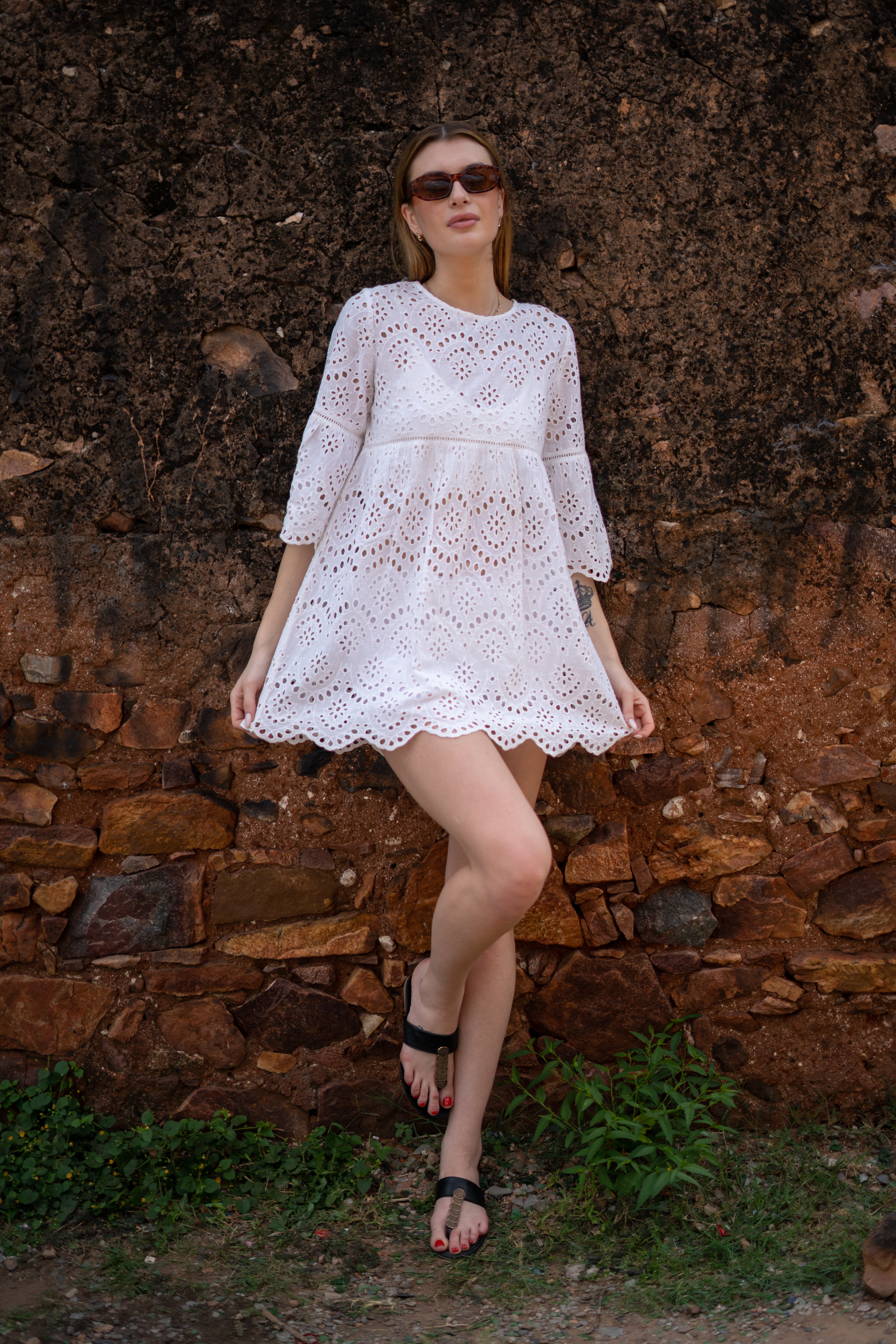 White Eyelet Lace Boho Mini Dress with Bell Sleeves