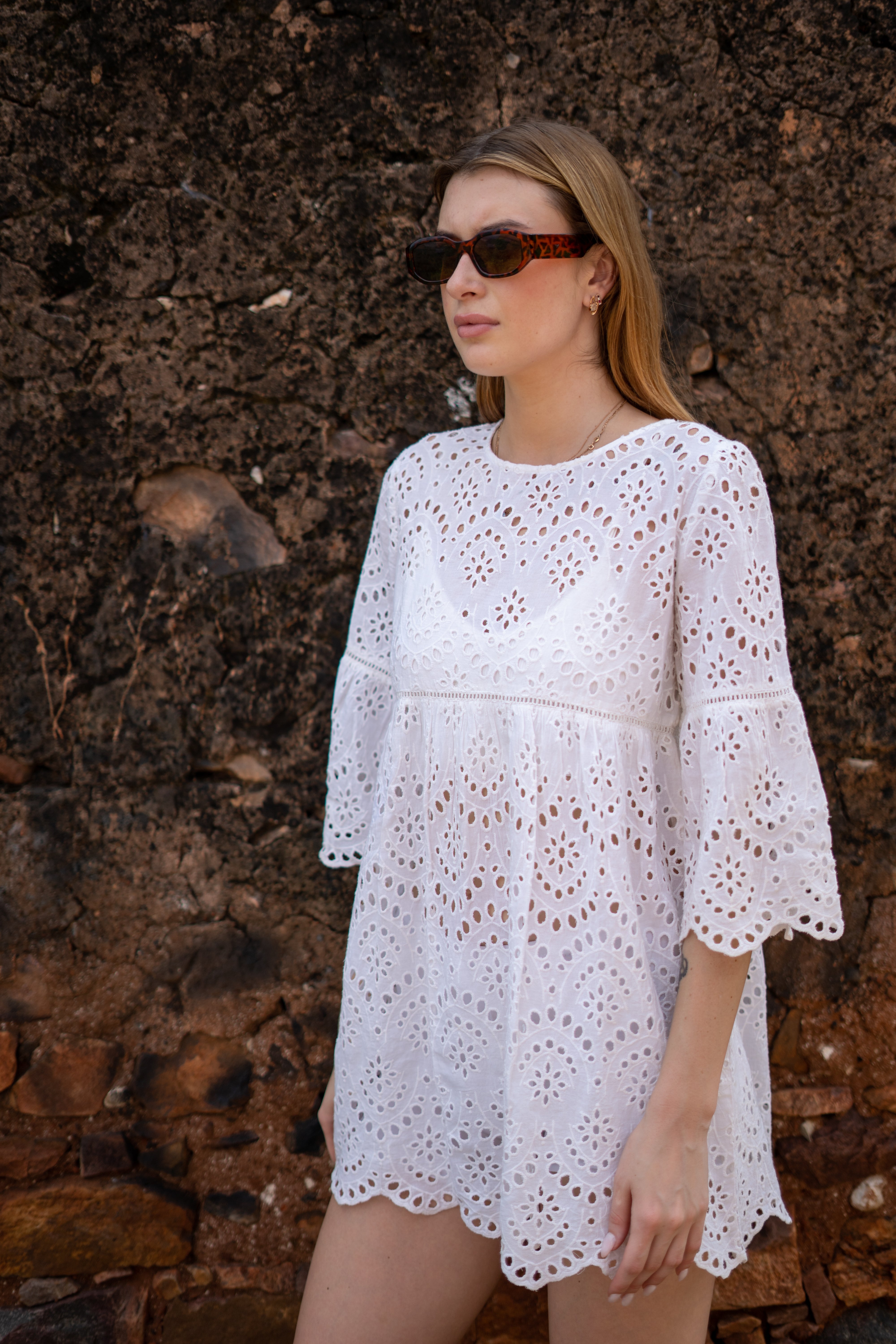 White Eyelet Lace Boho Mini Dress with Bell Sleeves