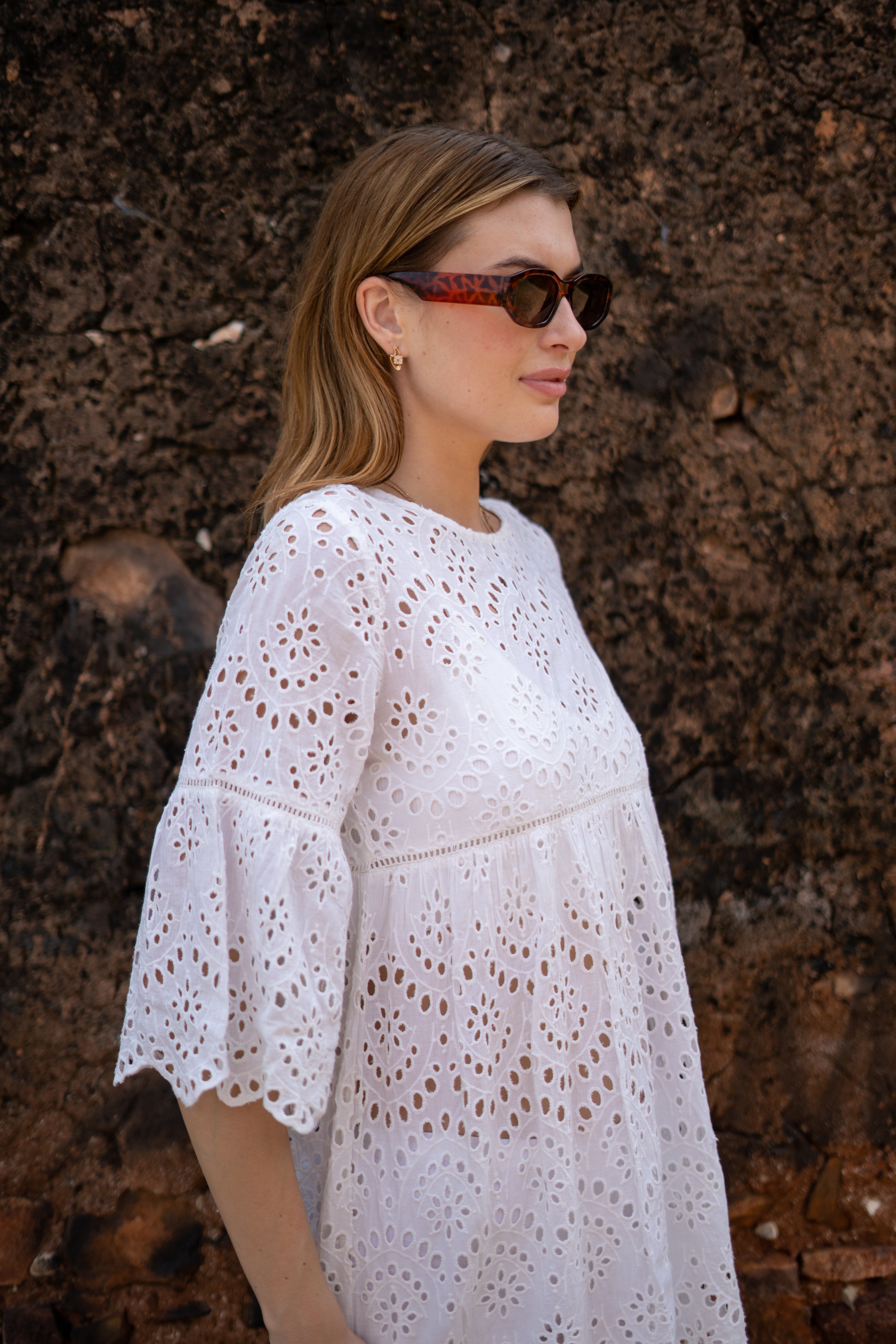 White Eyelet Lace Boho Mini Dress with Bell Sleeves