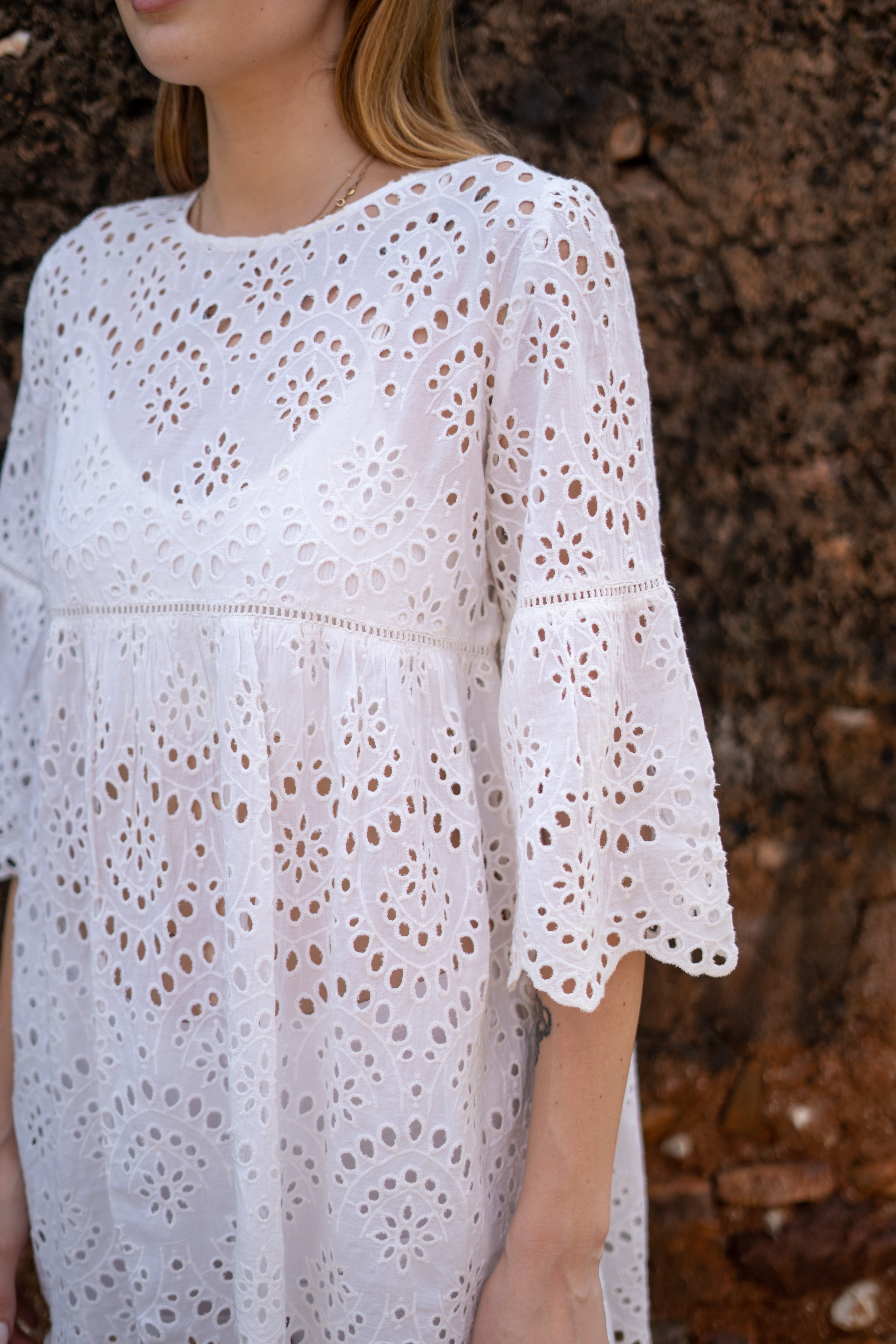 White Eyelet Lace Boho Mini Dress with Bell Sleeves