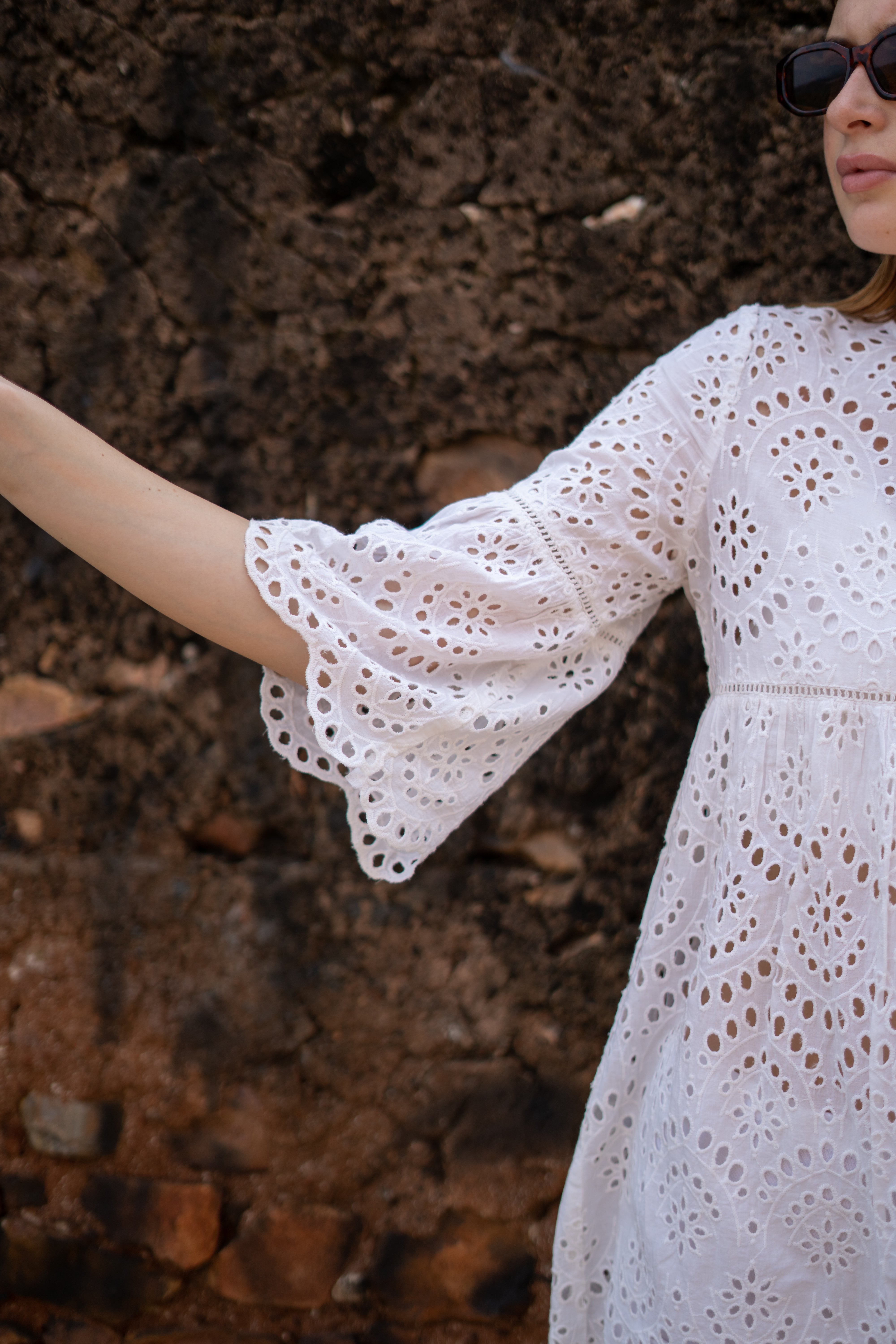 White Eyelet Lace Boho Mini Dress with Bell Sleeves