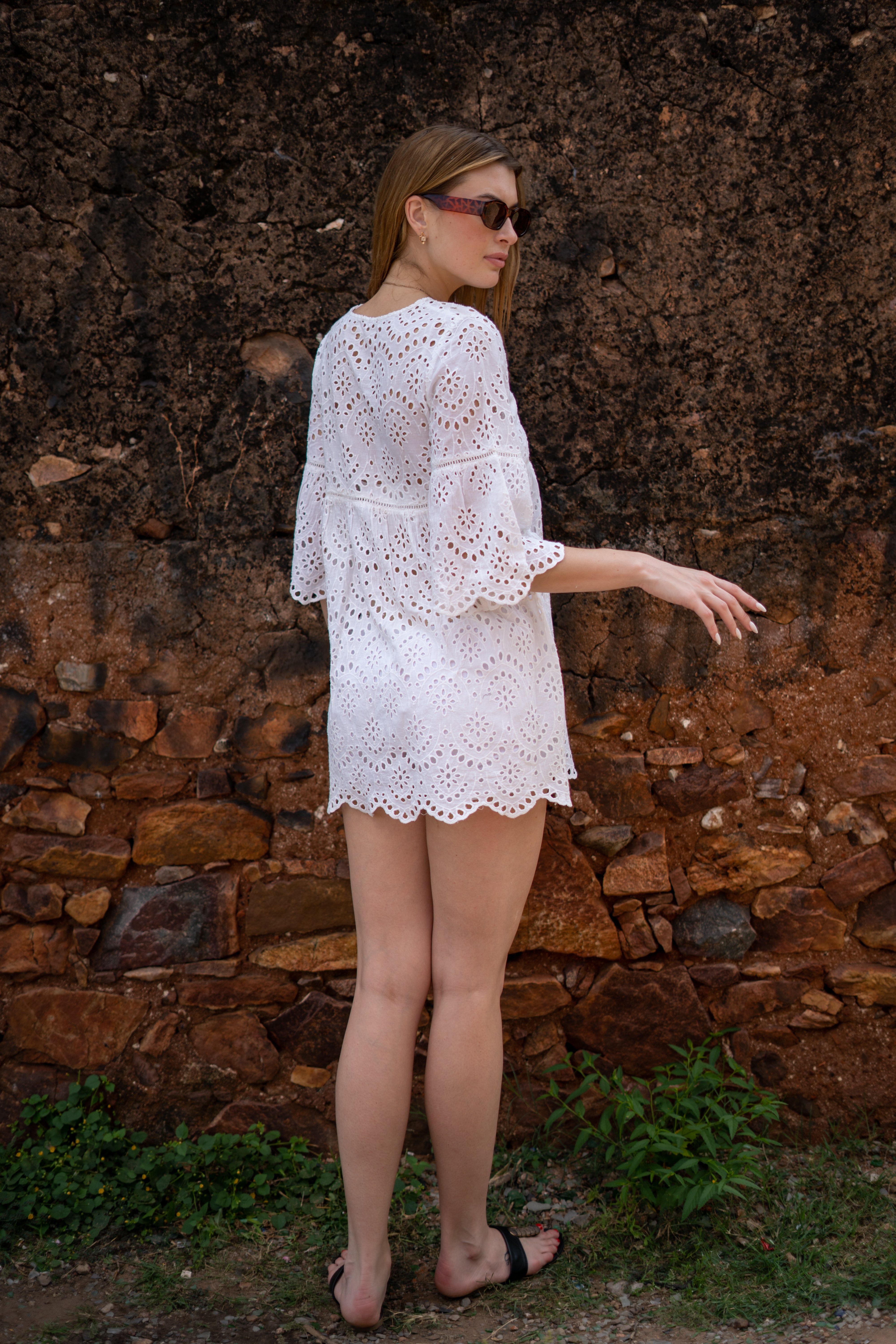 White Eyelet Lace Boho Mini Dress with Bell Sleeves