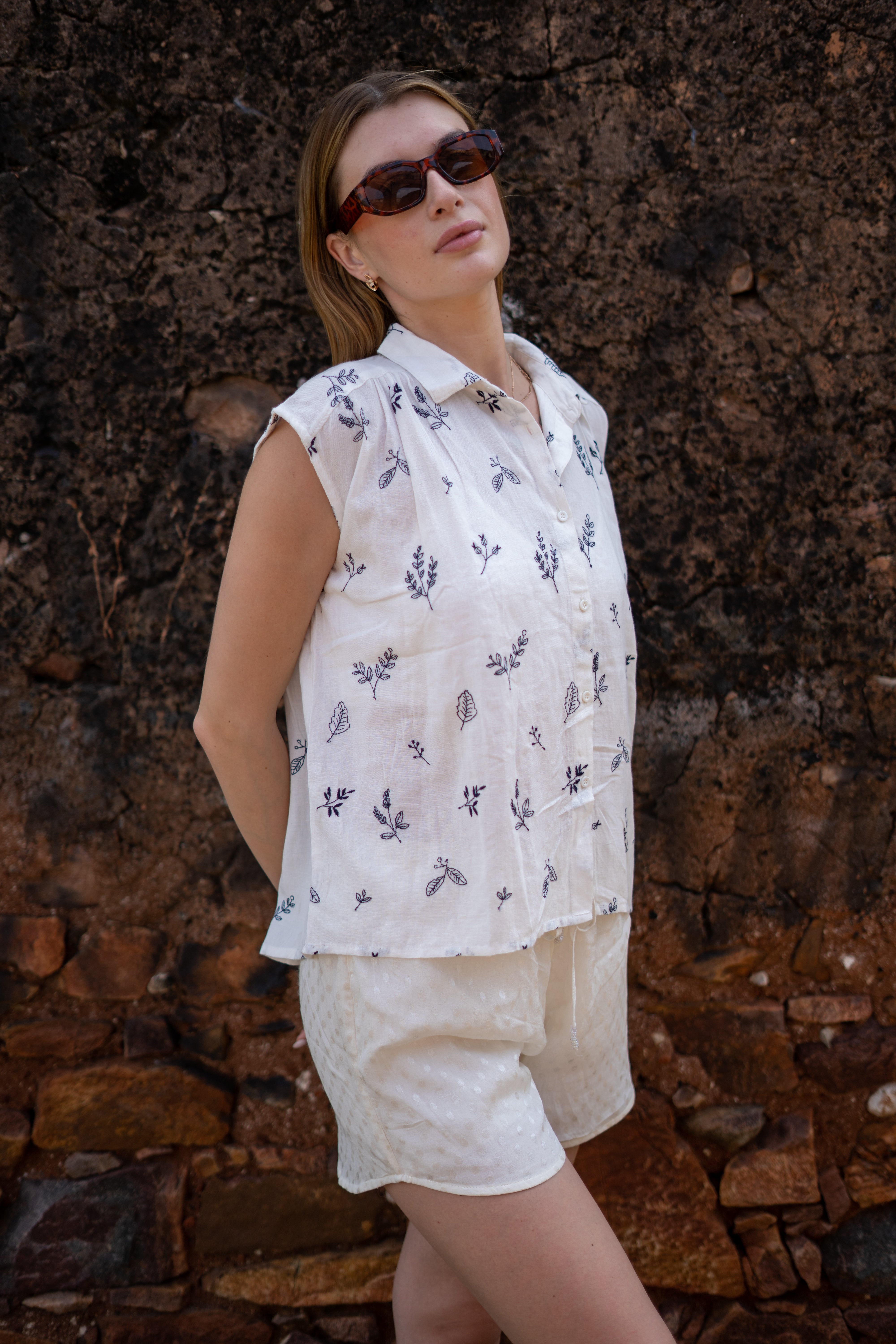 Stylish White Leaf Pattern Shirt