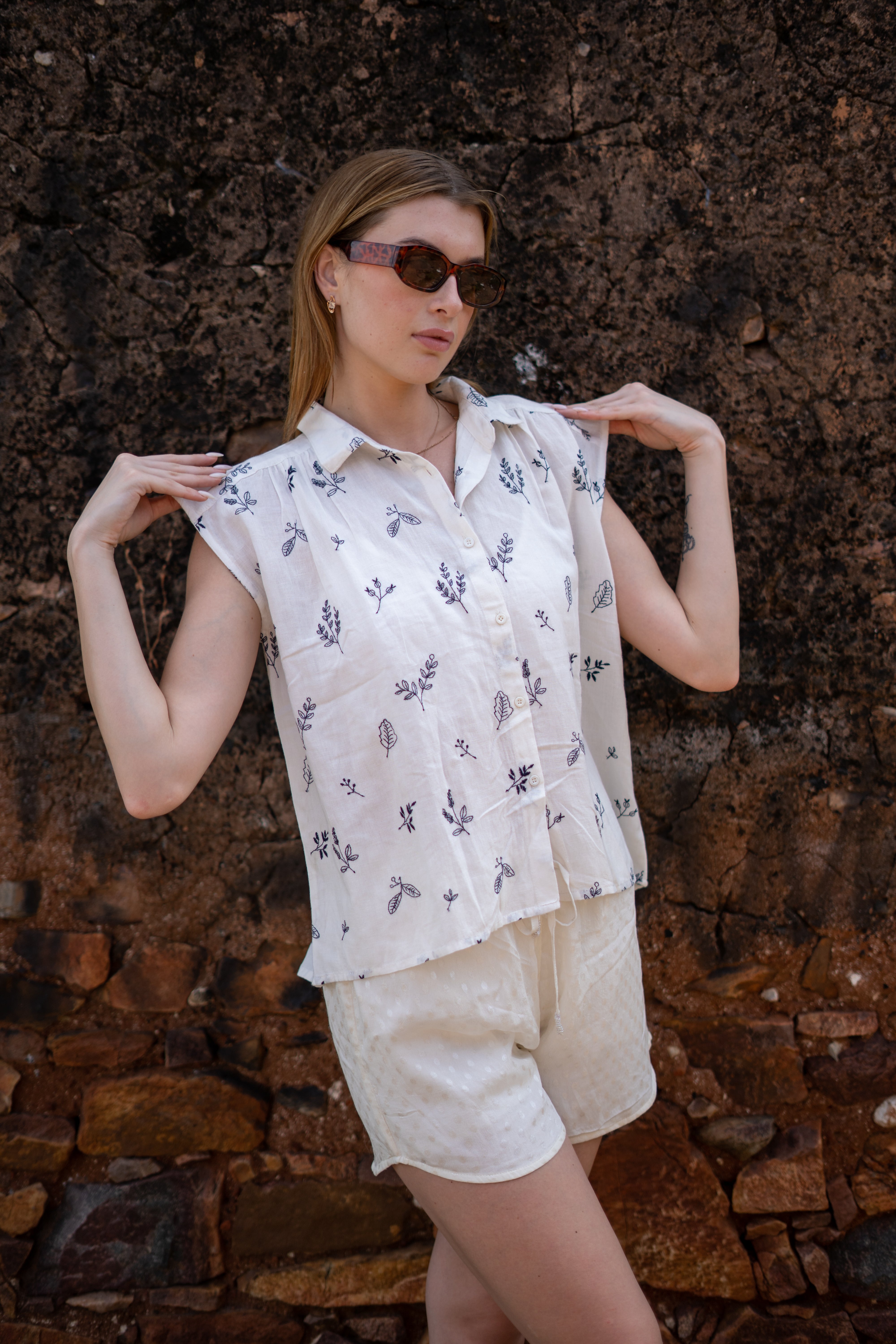 Stylish White Leaf Pattern Shirt