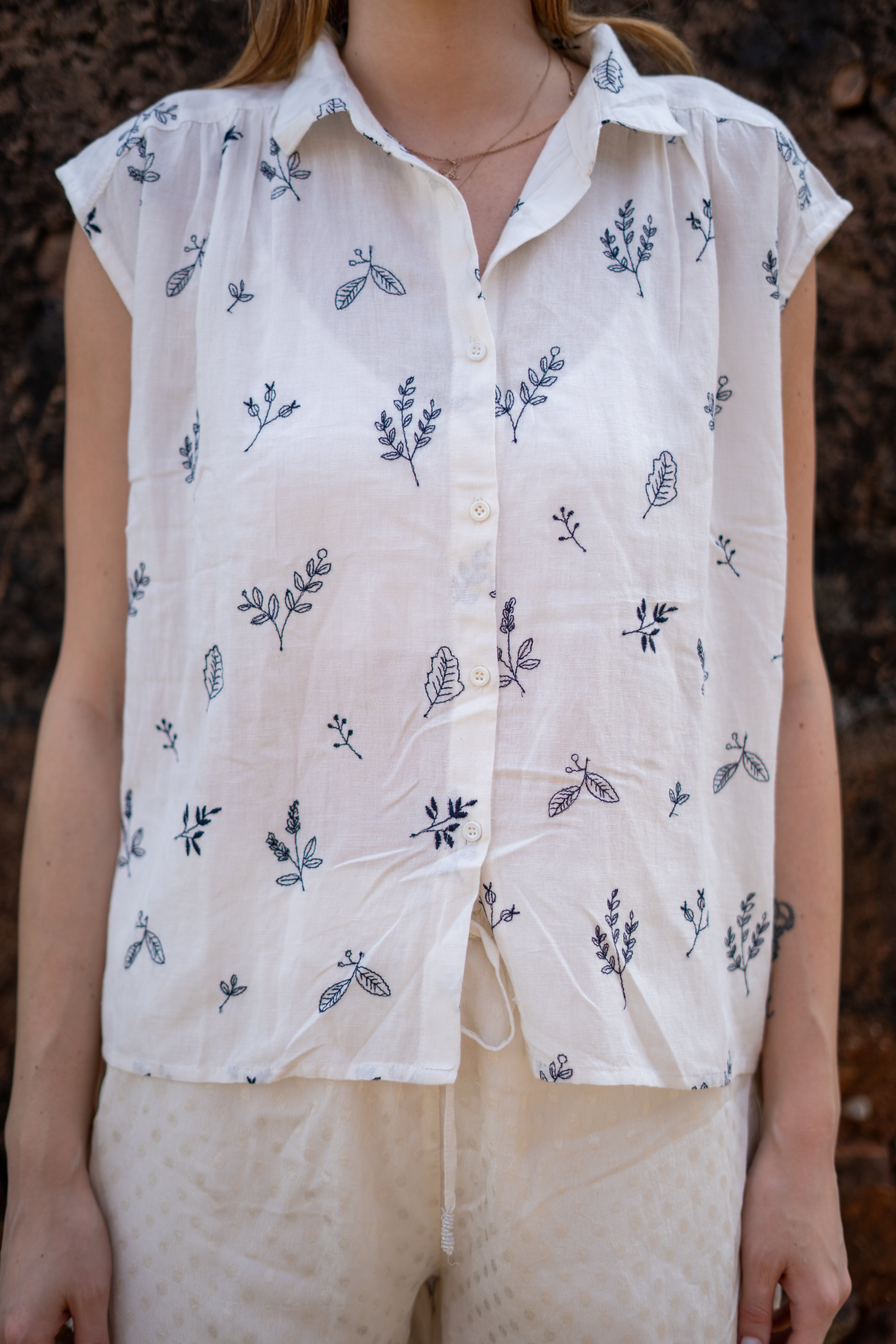 Stylish White Leaf Pattern Shirt