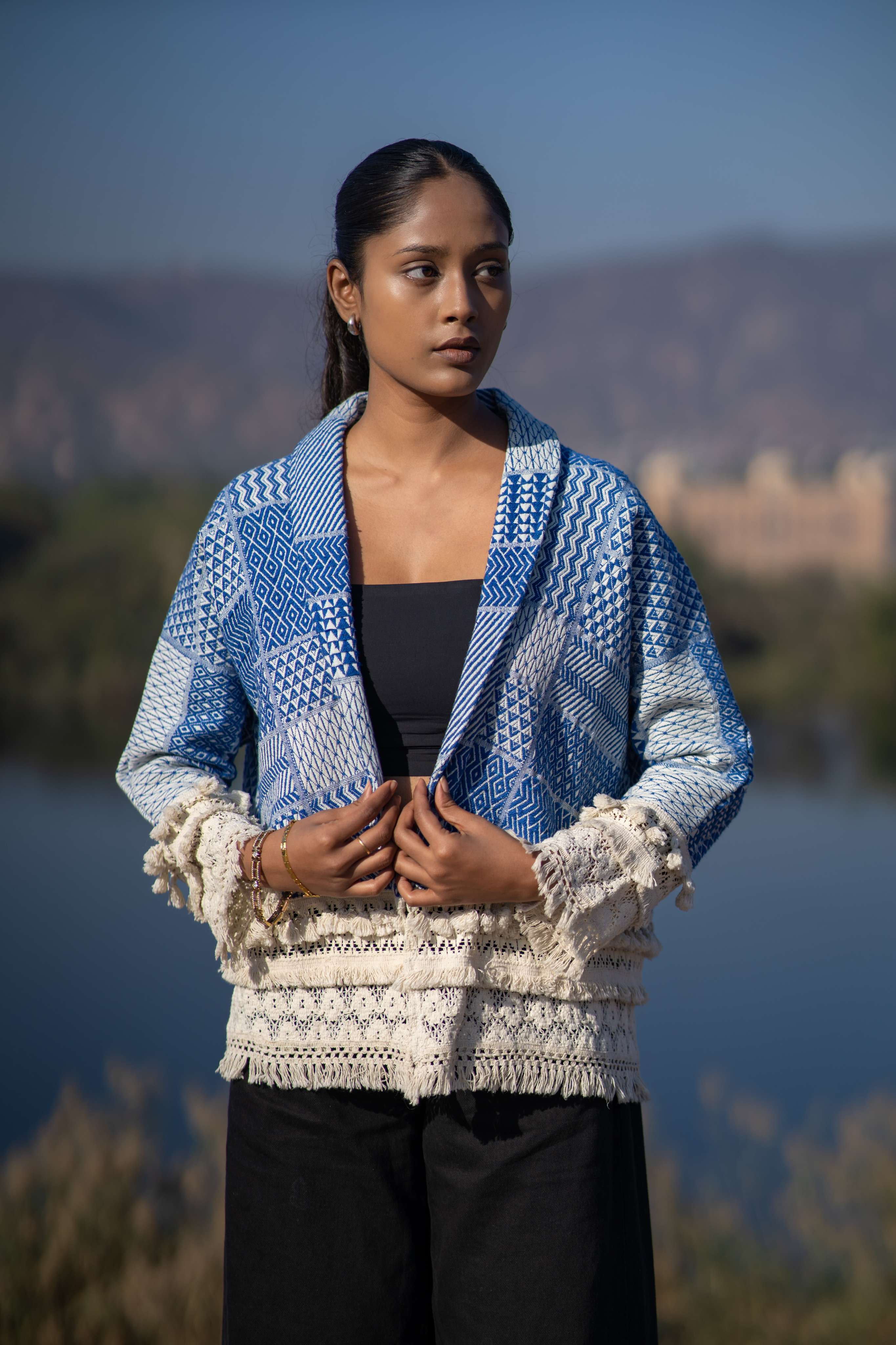 Elegant Blue Handloom Jacket with Lace Work