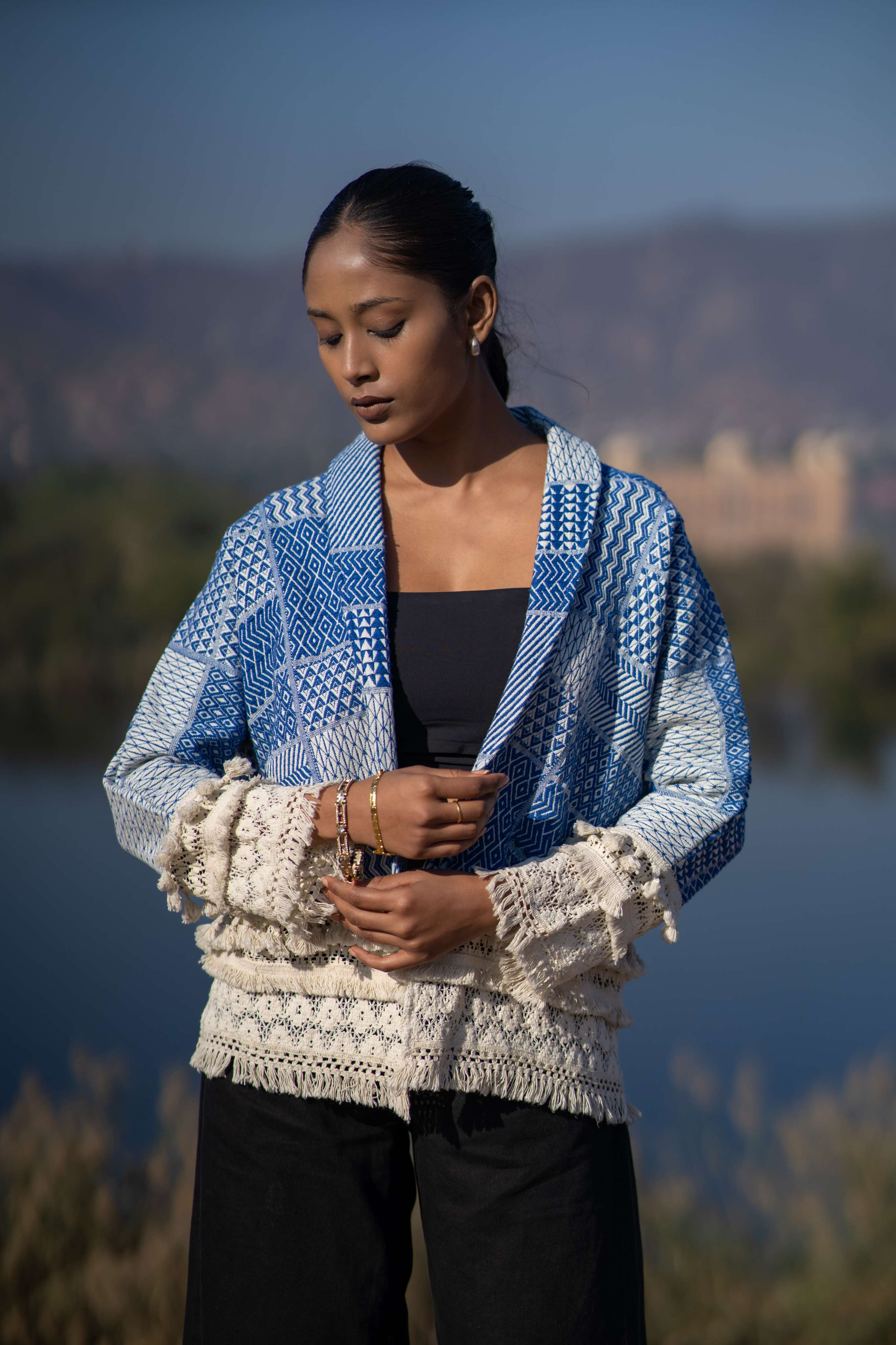 Elegant Blue Handloom Jacket with Lace Work