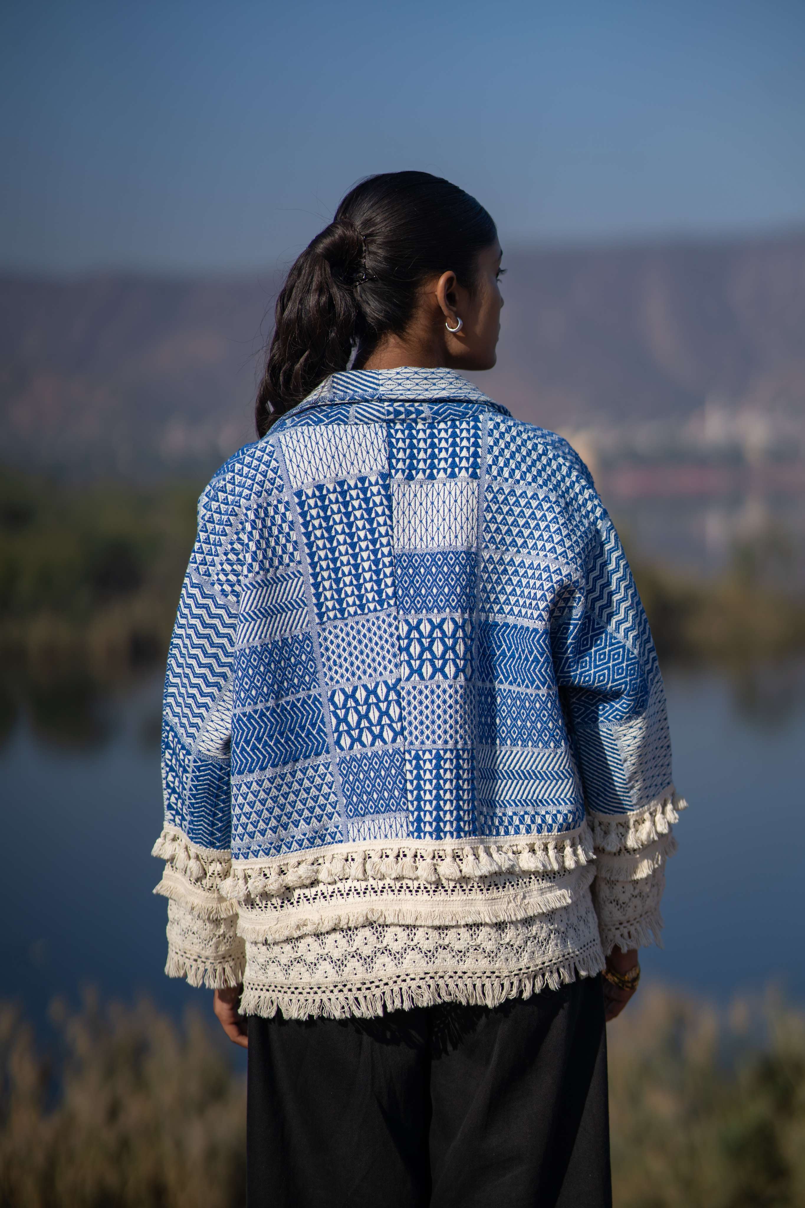 Elegant Blue Handloom Jacket with Lace Work