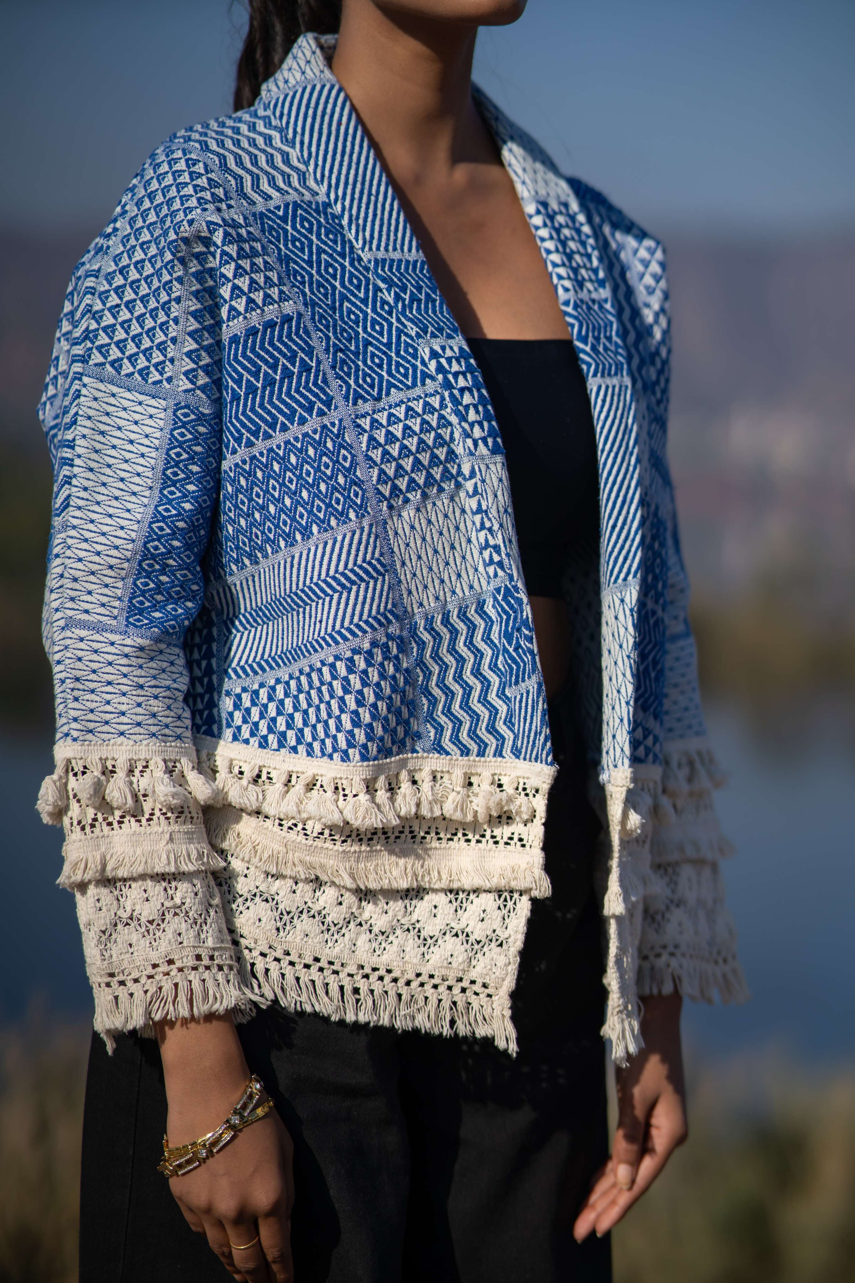 Elegant Blue Handloom Jacket with Lace Work